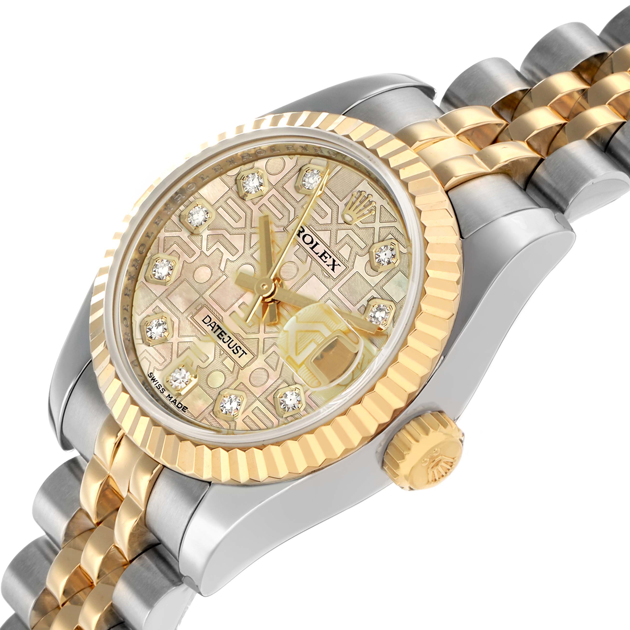 The Rolex Datejust 179173 Women's Steel and Gold (two tone) Mother of Pearl Dial watch is shown at an oblique angle, highlighting the dial, bezel, crown, and part of the bracelet.