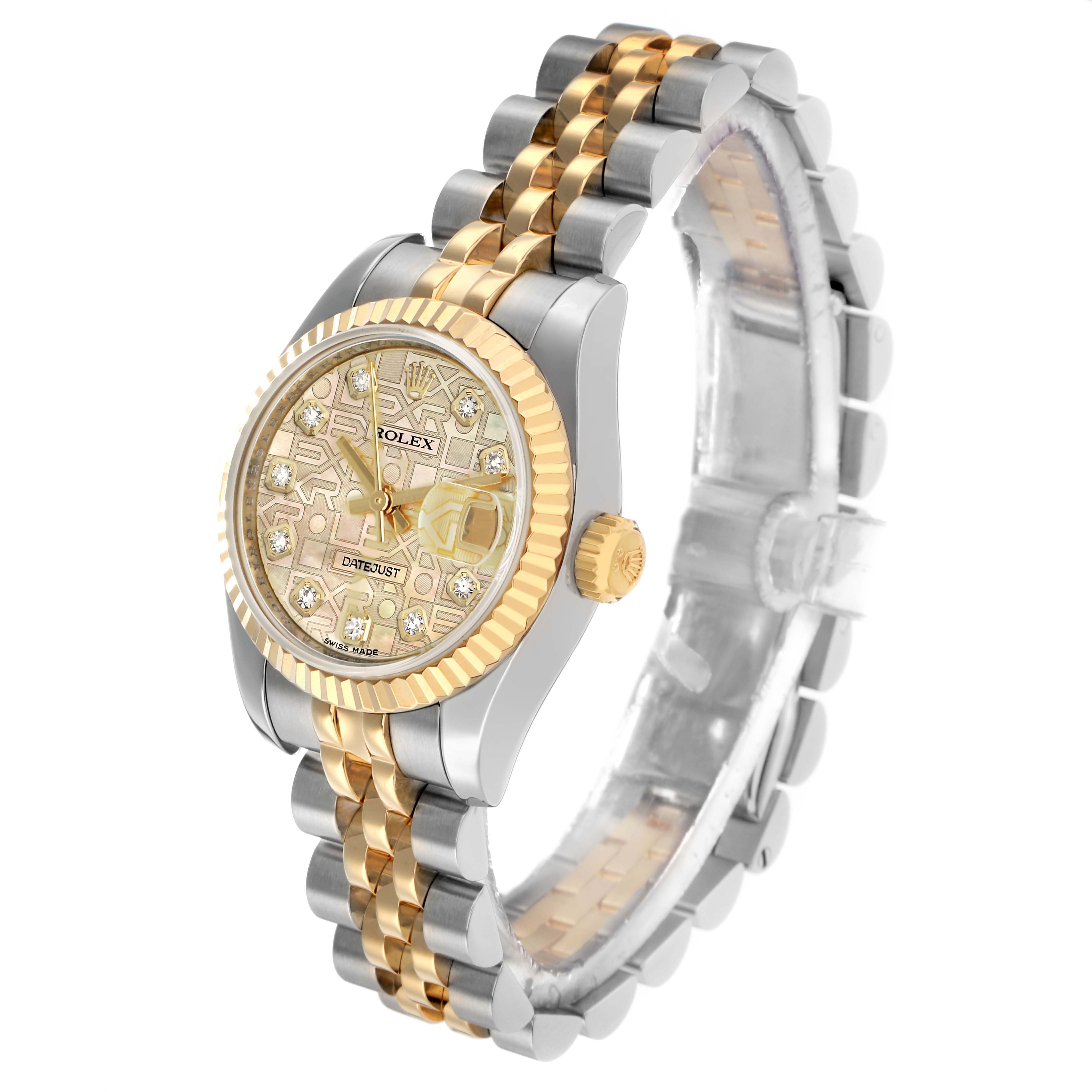 The image shows a side angle of a Rolex Datejust 179173 Women's Steel and Gold (two tone) Mother of Pearl Dial watch, highlighting the bezel, dial, crown, and bracelet.