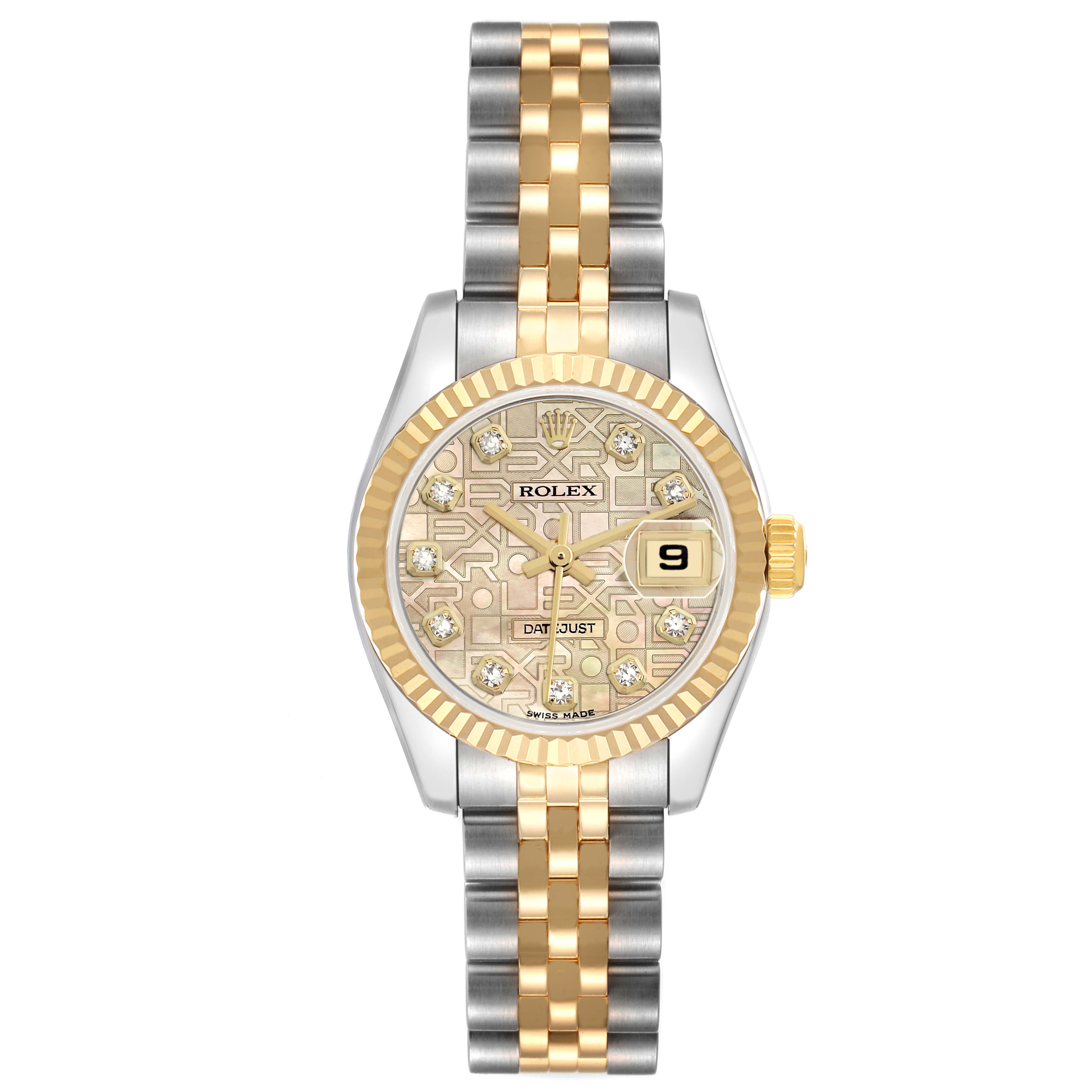 The Rolex Datejust 179173 Women's Steel and Gold (two tone) Mother of Pearl Dial watch is shown from a top-down angle, highlighting its face, bezel, and two-tone bracelet.