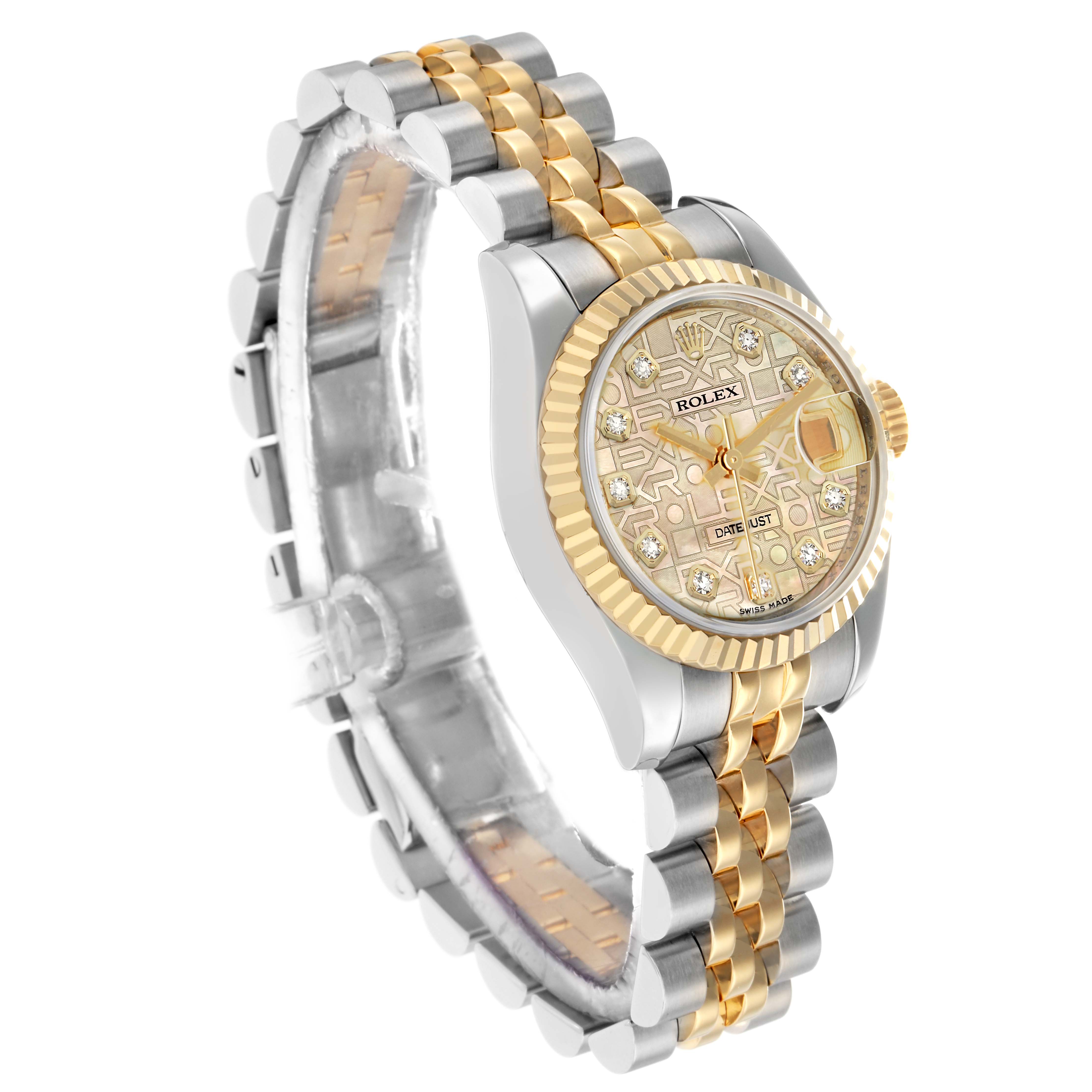 The Rolex Datejust 179173 Women's Steel and Gold (two tone) Mother of Pearl Dial watch is shown at an angled side view, highlighting its two-tone bracelet and detailed dial.