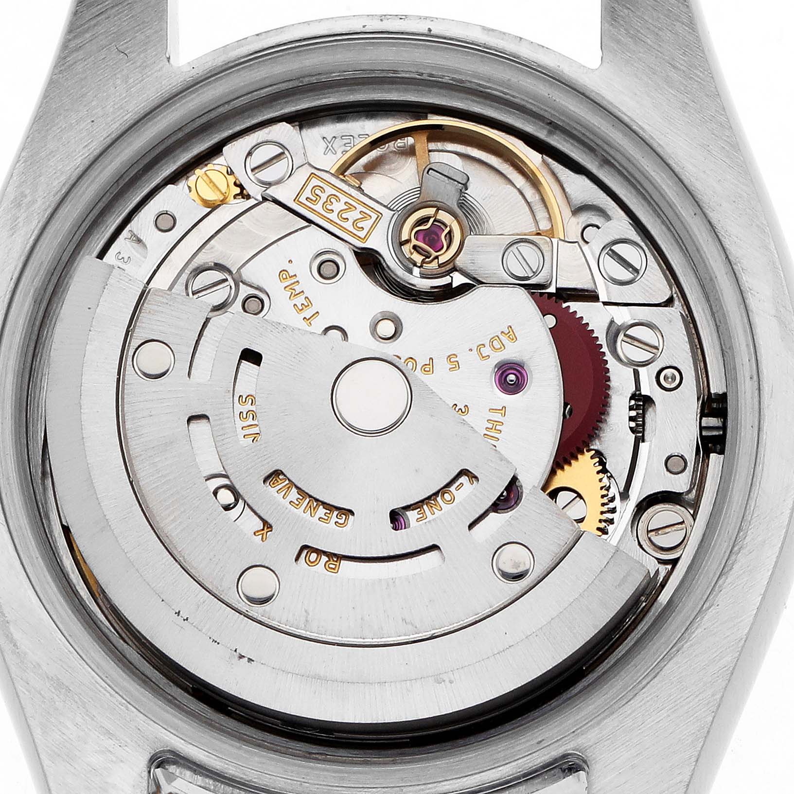 The image shows the movement of a Rolex Datejust 179173 Women's Steel and Gold (two tone) Mother of Pearl Dial watch, highlighting gears and components from the back view.