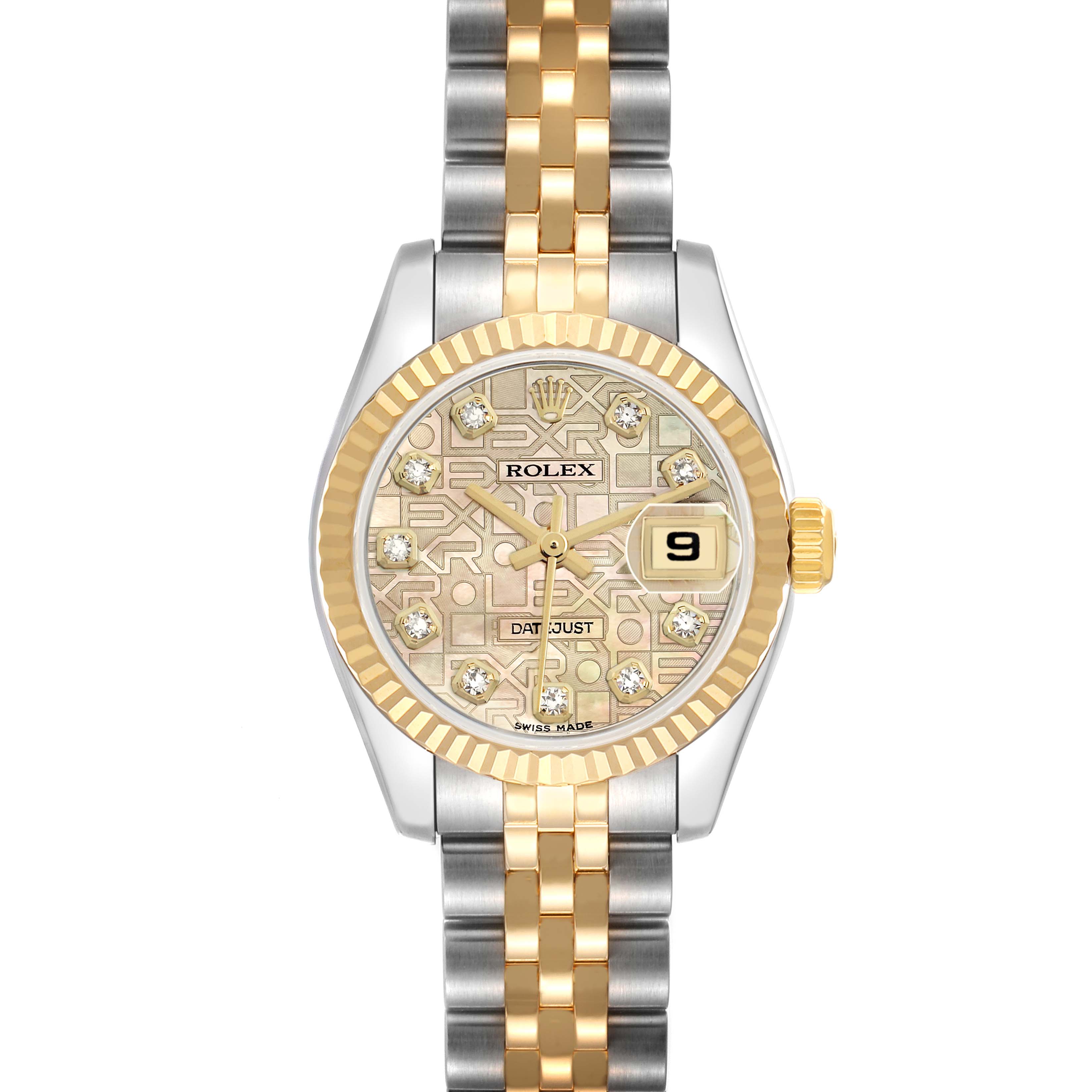 The Rolex Datejust 179173 Women's Steel and Gold (two tone) Mother of Pearl Dial watch is shown from a top view, highlighting its gold bezel, dial with diamond markers, and two-tone bracelet.