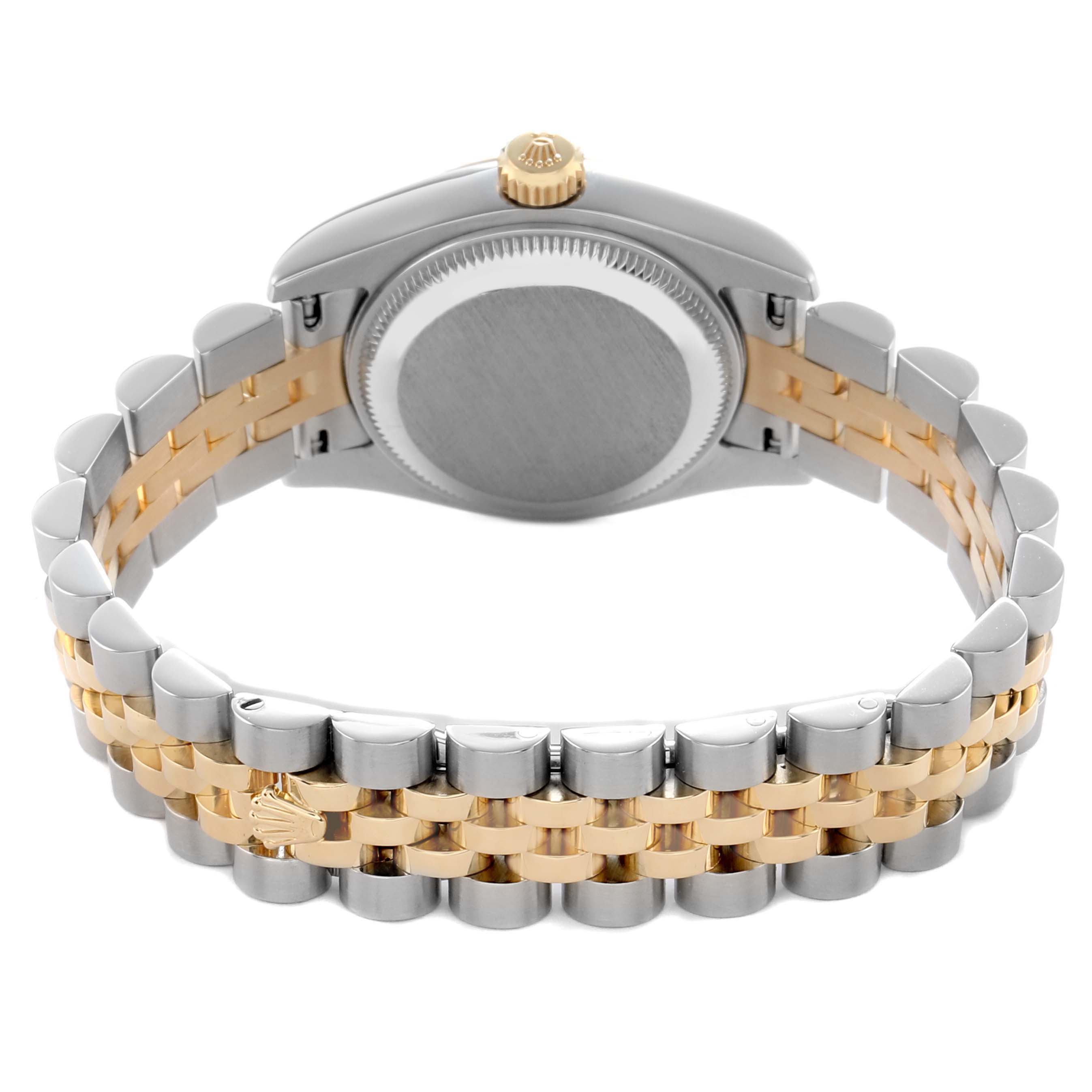 The image shows the back view of a Rolex Datejust 179173 Women's Steel and Gold (two tone) Mother of Pearl Dial watch, highlighting the case back and two-tone bracelet.