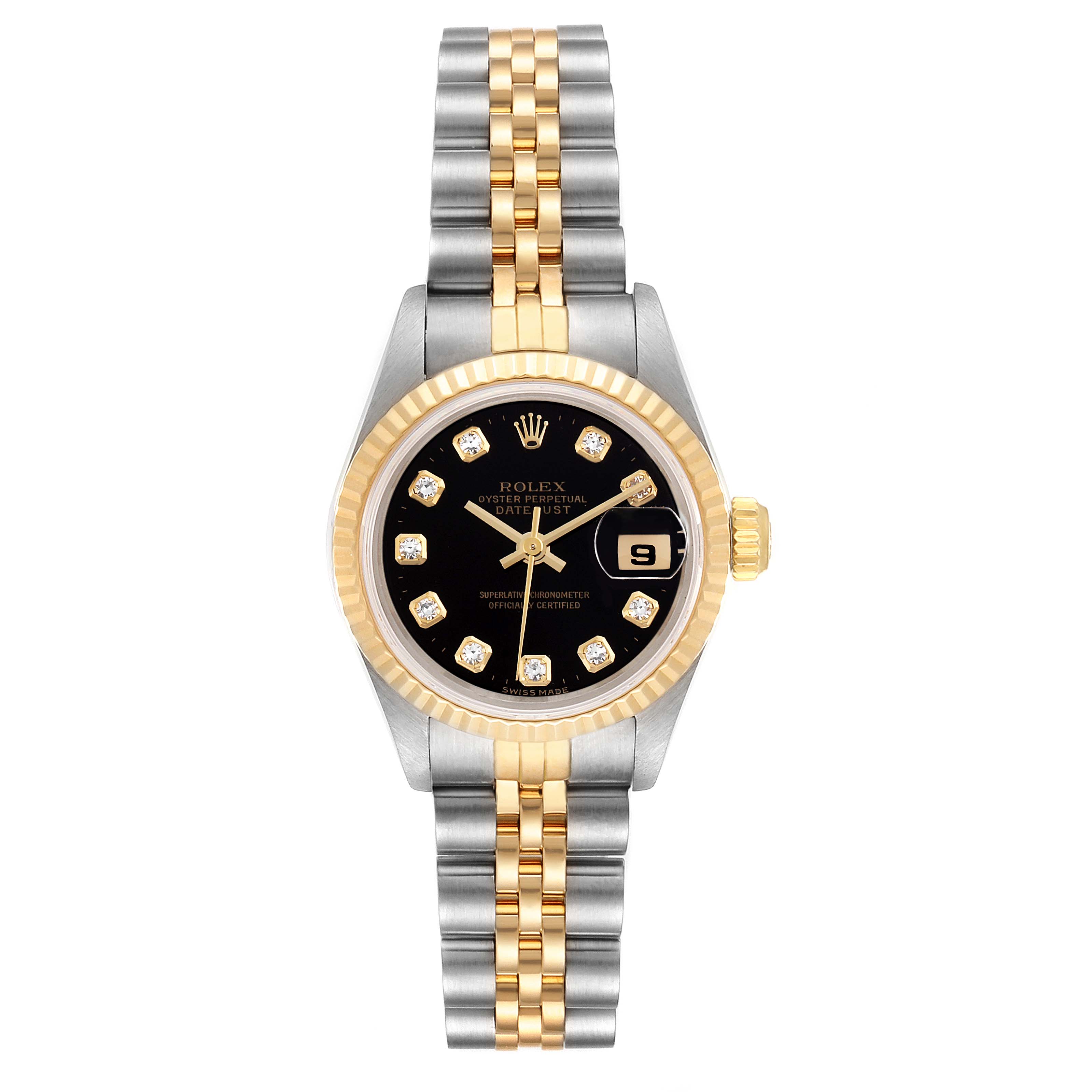 This is a front view of a Rolex Datejust 69173 Women's Steel and Gold (two tone) Black Dial 69173 Women's Steel and Gold (two tone) Black Dial watch, showing its dial, bezel, crown, and two-tone bracelet.