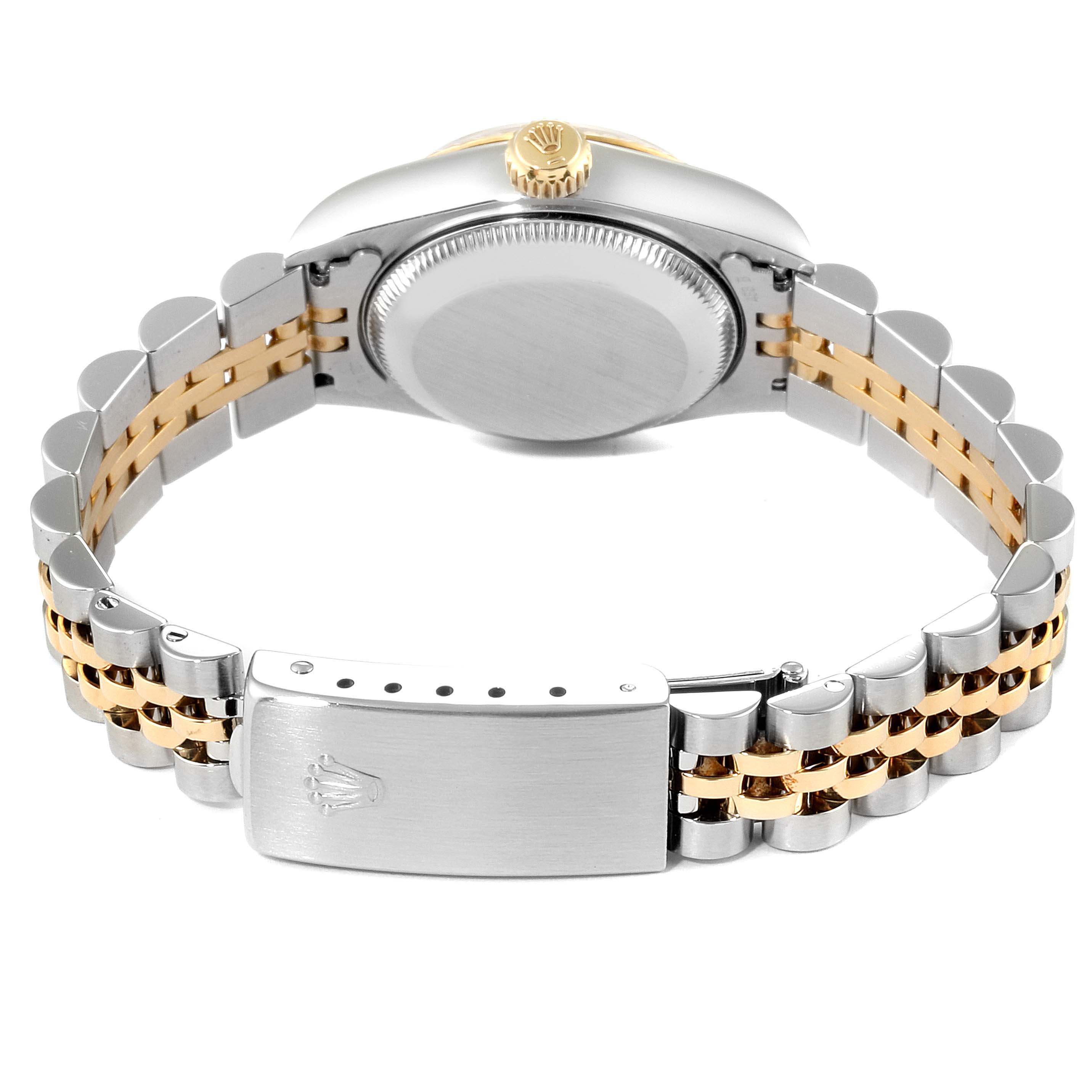 The image shows the back and clasp of a Rolex Datejust 69173 Women's Steel and Gold (two tone) Black Dial 69173 Women's Steel and Gold (two tone) Black Dial watch, highlighting its two-tone metal bracelet.