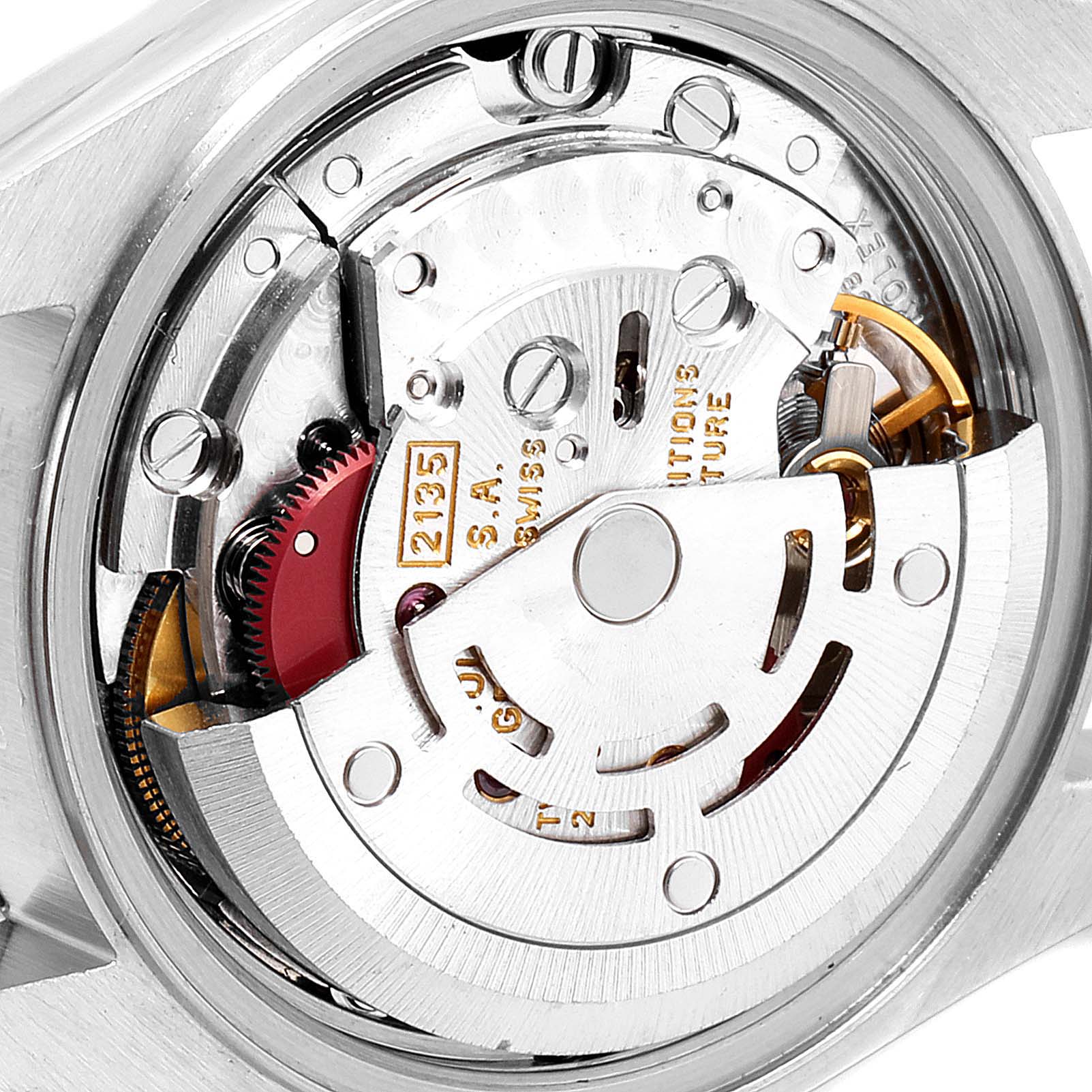 This image shows the internal mechanism and movement of a Rolex Datejust 69173 Women's Steel and Gold (two tone) Black Dial 69173 Women's Steel and Gold (two tone) Black Dial watch from a back angle.