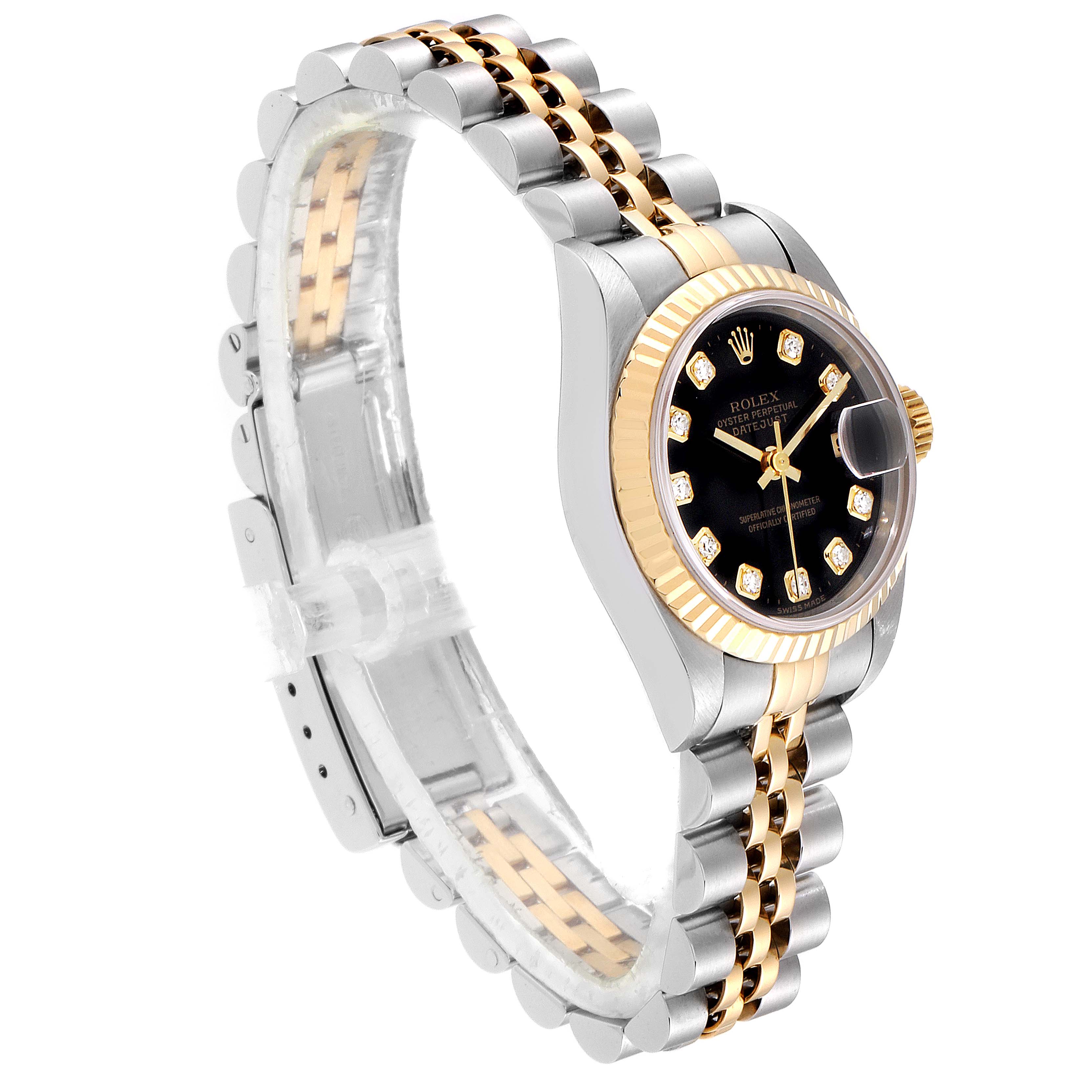 The Rolex Datejust 69173 Women's Steel and Gold (two tone) Black Dial 69173 Women's Steel and Gold (two tone) Black Dial watch is shown at a slight angle, highlighting its two-tone bracelet, fluted bezel, and black dial with diamond hour markers.