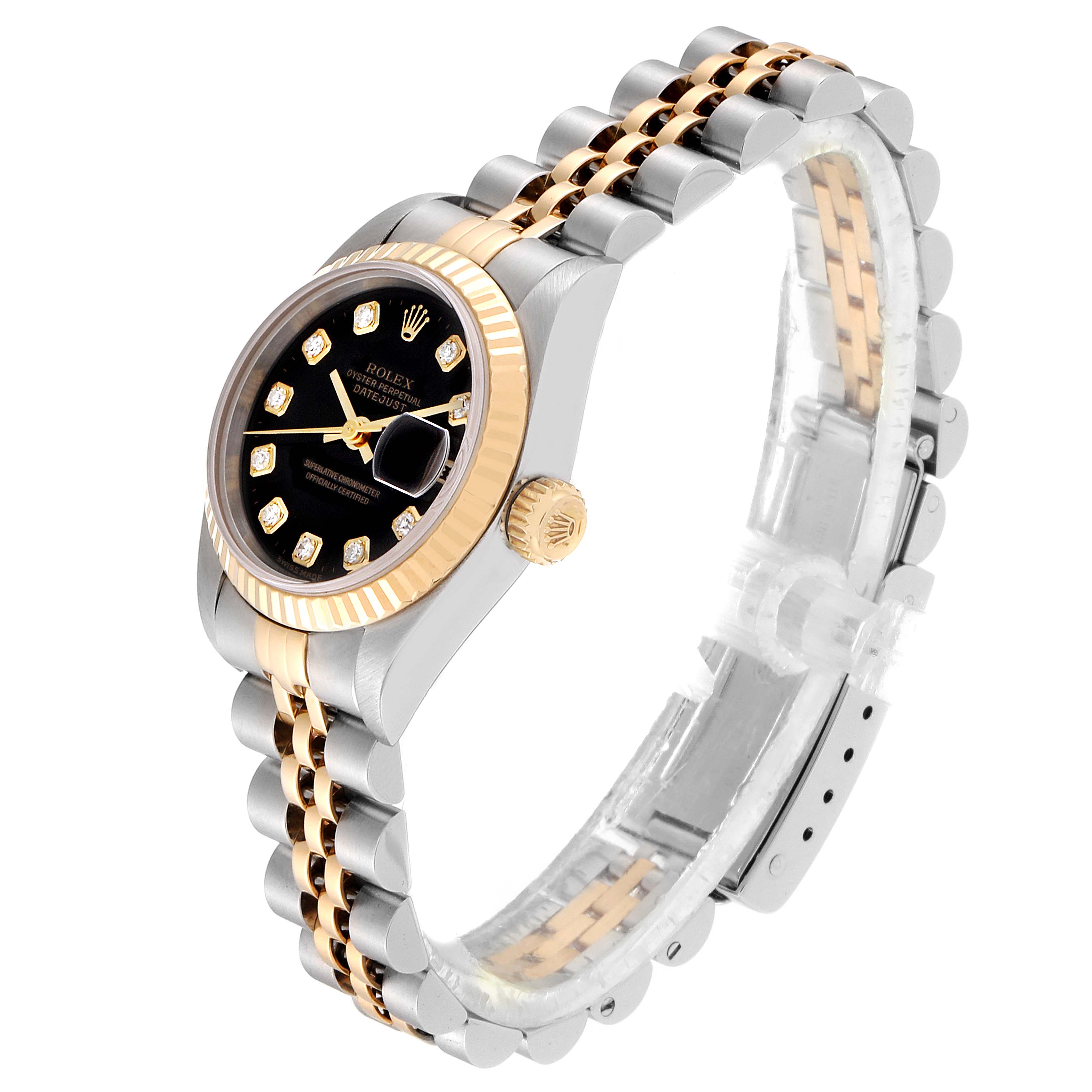 The image shows a Rolex Datejust 69173 Women's Steel and Gold (two tone) Black Dial 69173 Women's Steel and Gold (two tone) Black Dial watch angled slightly from the side, highlighting its black dial, two-tone bracelet, and fluted bezel.
