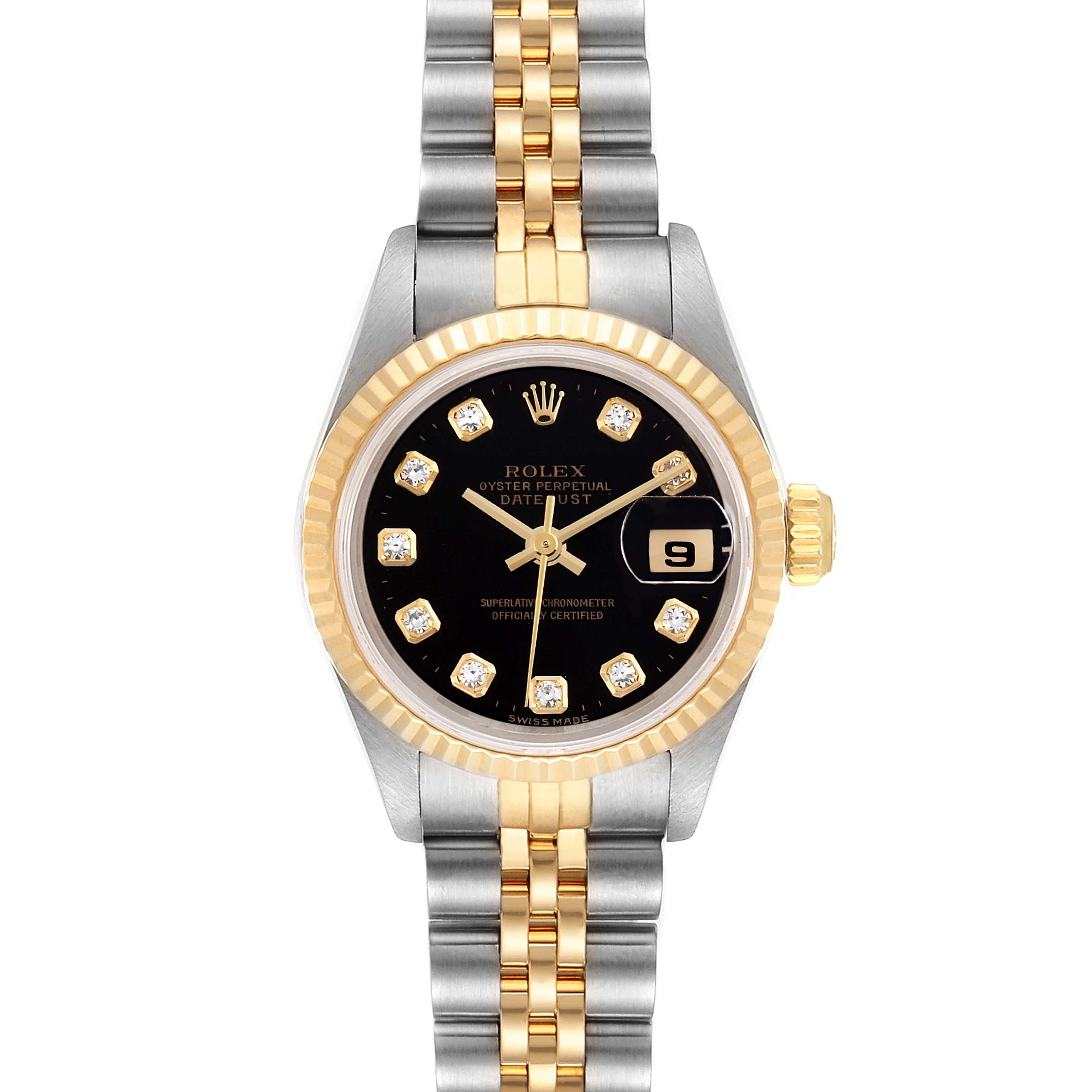 The image shows a front view of a Rolex Datejust 69173 Women's Steel and Gold (two tone) Black Dial 69173 Women's Steel and Gold (two tone) Black Dial watch with a two-tone bracelet and a black dial with diamond hour markers.