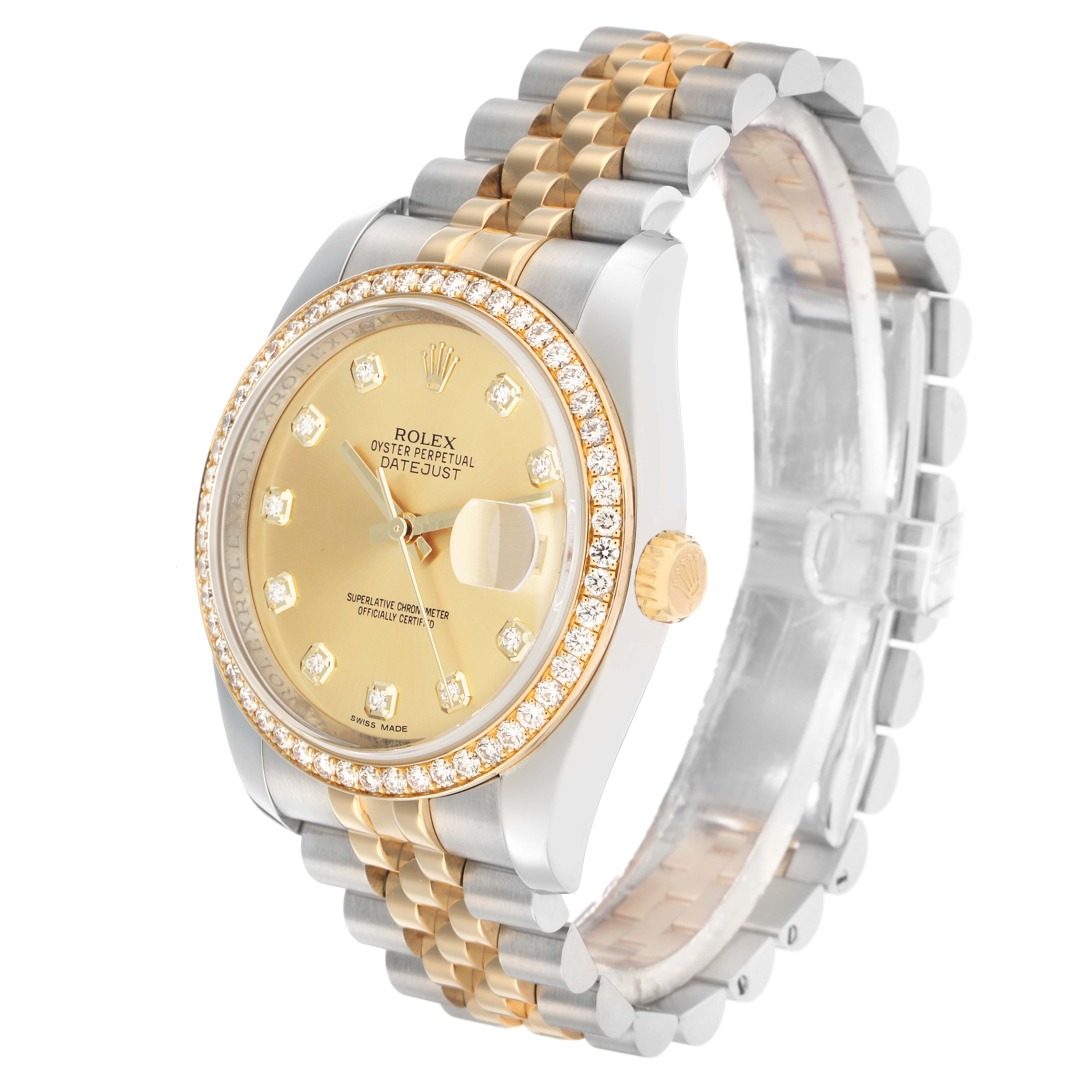 The Rolex Datejust 116243 Men
s Steel and Gold (two tone) Champagne Dial watch is shown at a three-quarter angle, highlighting the dial, bezel, bracelet, and crown.
