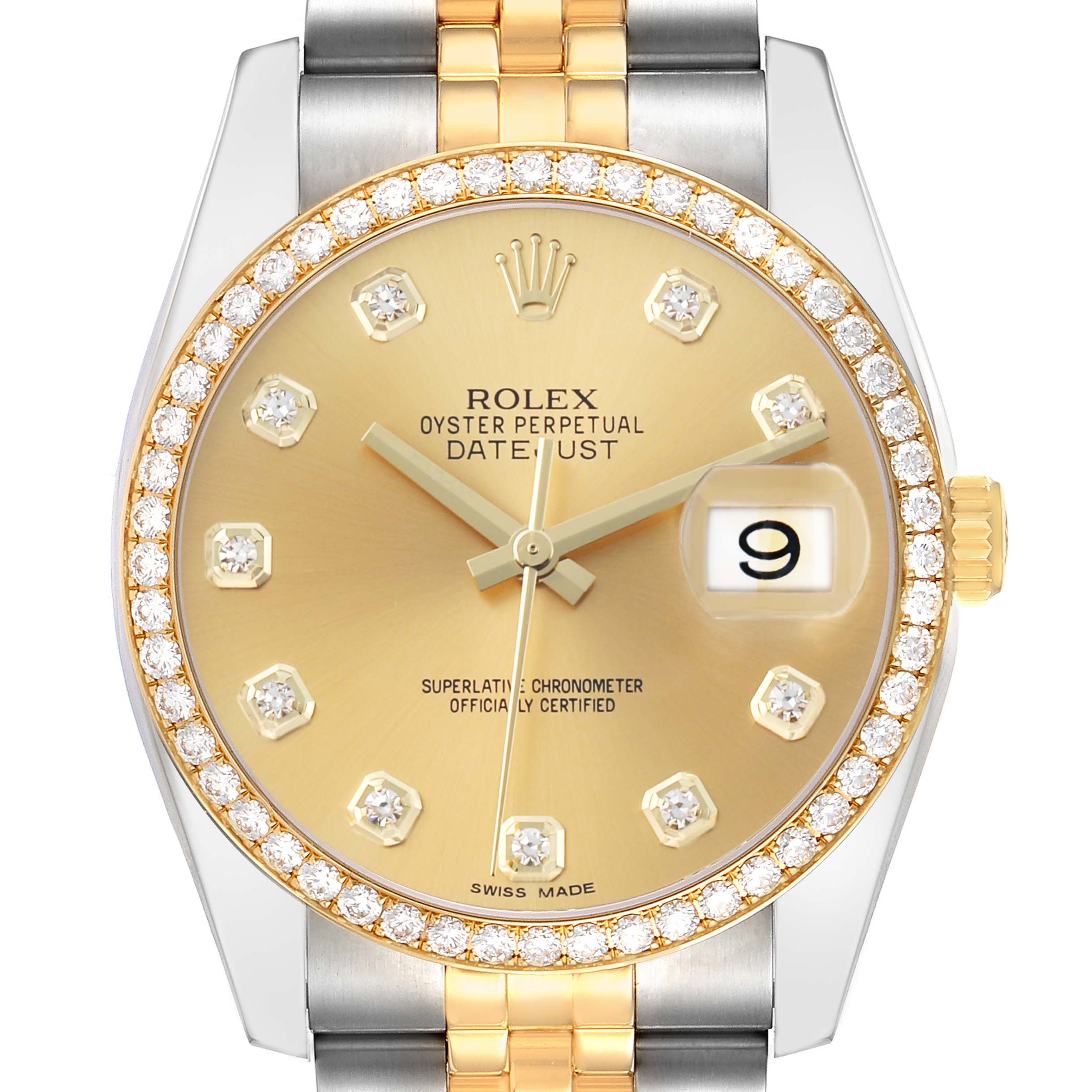 The Rolex Datejust 116243 Men
s Steel and Gold (two tone) Champagne Dial watch is shown from a front angle, highlighting the gold dial, diamond markers, date window, and two-tone bracelet.