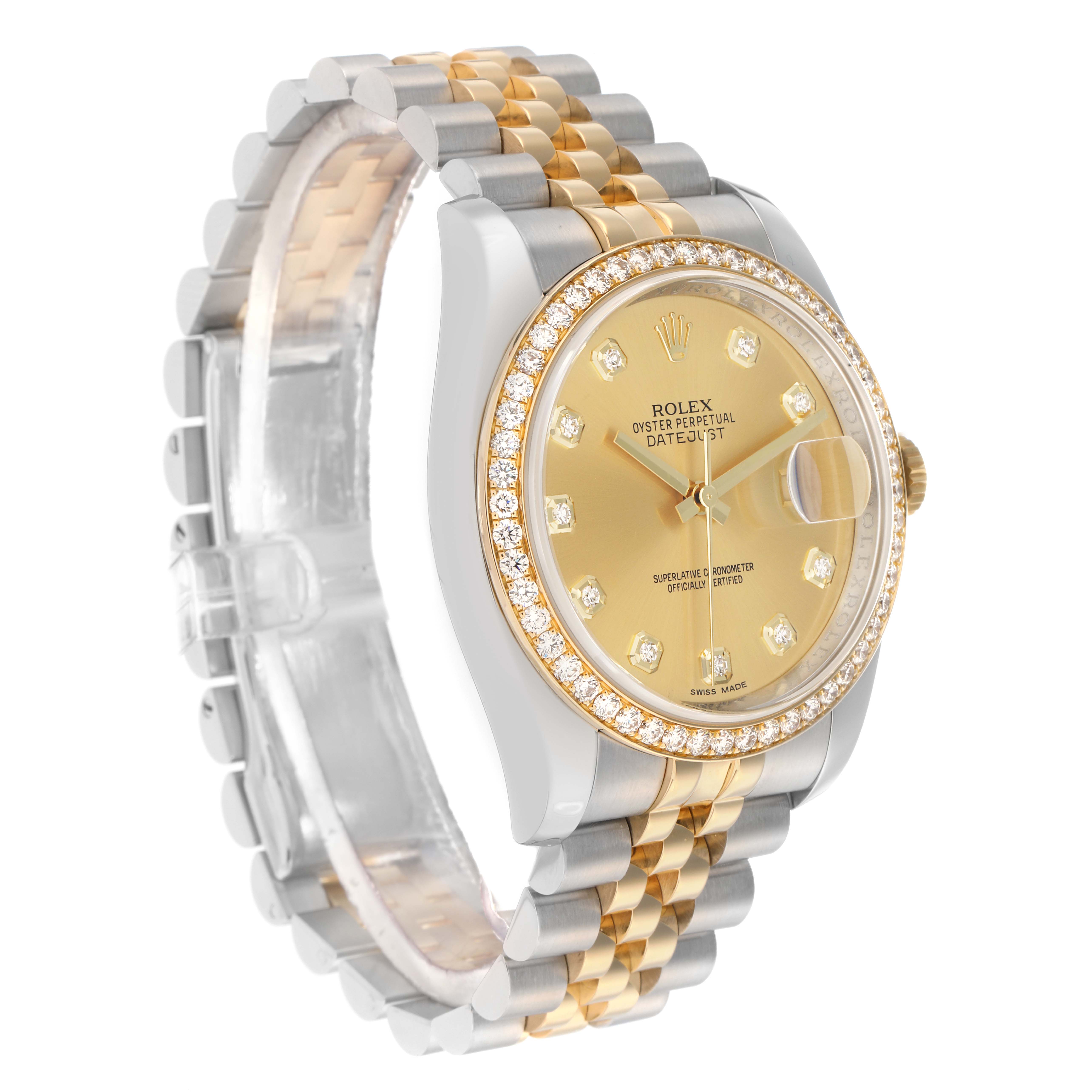 The Rolex Datejust 116243 Men
s Steel and Gold (two tone) Champagne Dial watch is shown at a three-quarter angle, highlighting the gold face, diamond bezel, and two-tone bracelet.