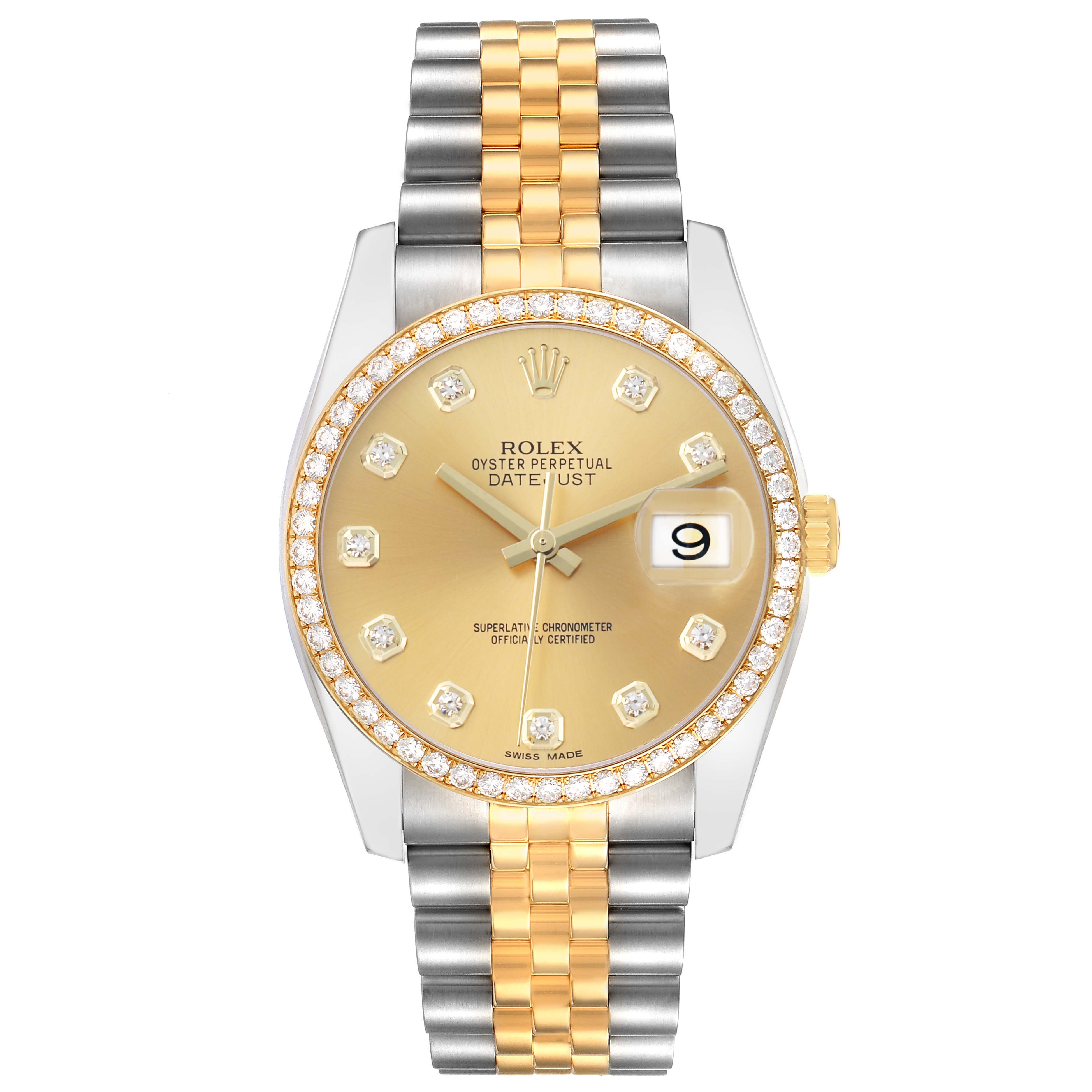 The Rolex Datejust 116243 Men
s Steel and Gold (two tone) Champagne Dial watch is shown from a top-down angle, displaying the bezel, dial, bracelet, and crown.