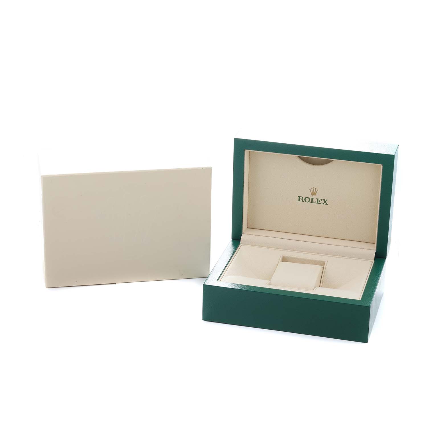 The image shows an open green and beige box for a Rolex Datejust 179383 Women's Steel and Gold (two tone) Black Dial watch, with its outer packaging beside it.