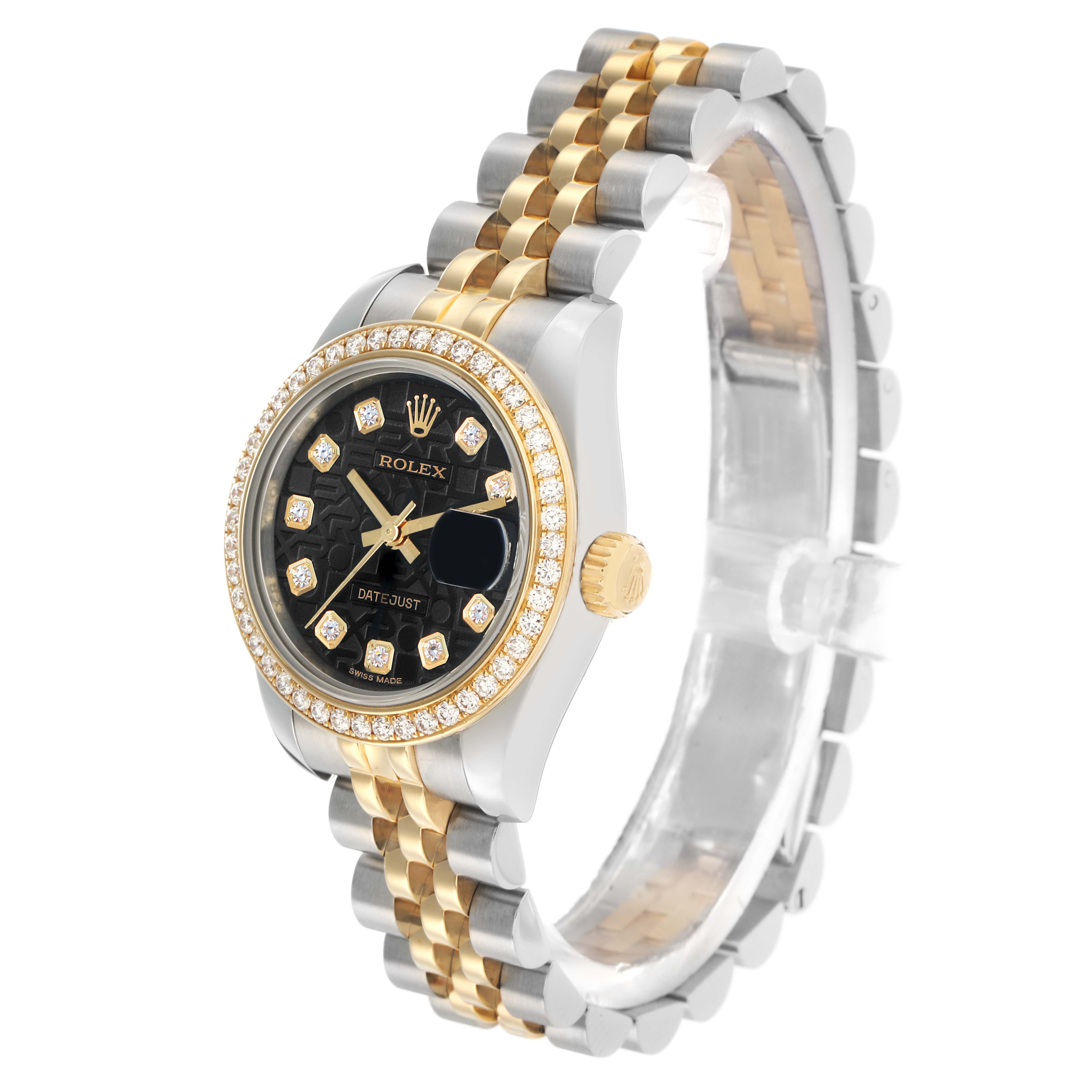 The Rolex Datejust 179383 Women's Steel and Gold (two tone) Black Dial watch is shown at a slight angle, displaying the face, bezel, and part of the bracelet.