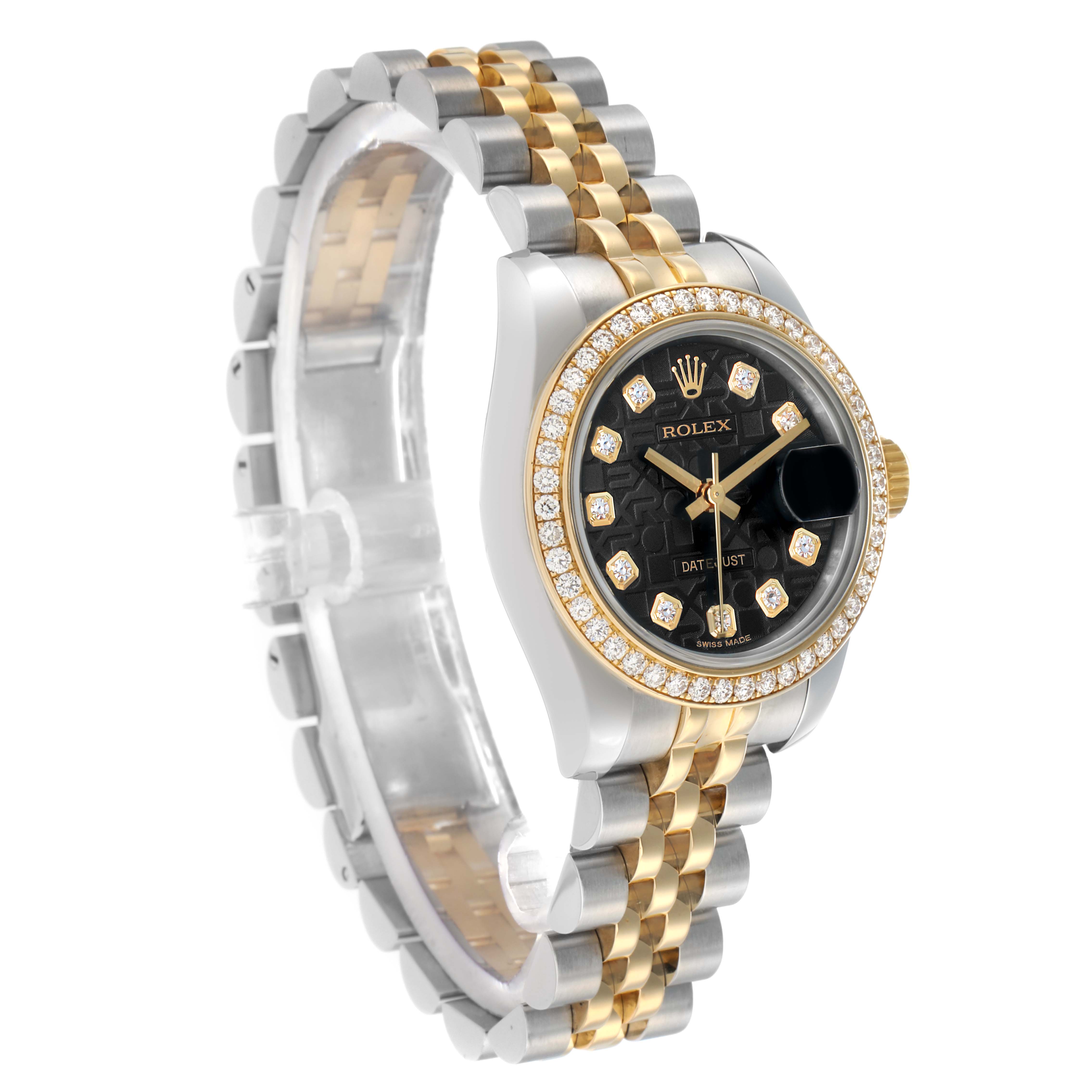 The Rolex Datejust 179383 Women's Steel and Gold (two tone) Black Dial watch is shown at a three-quarter angle, highlighting the bezel, face, and Jubilee bracelet.