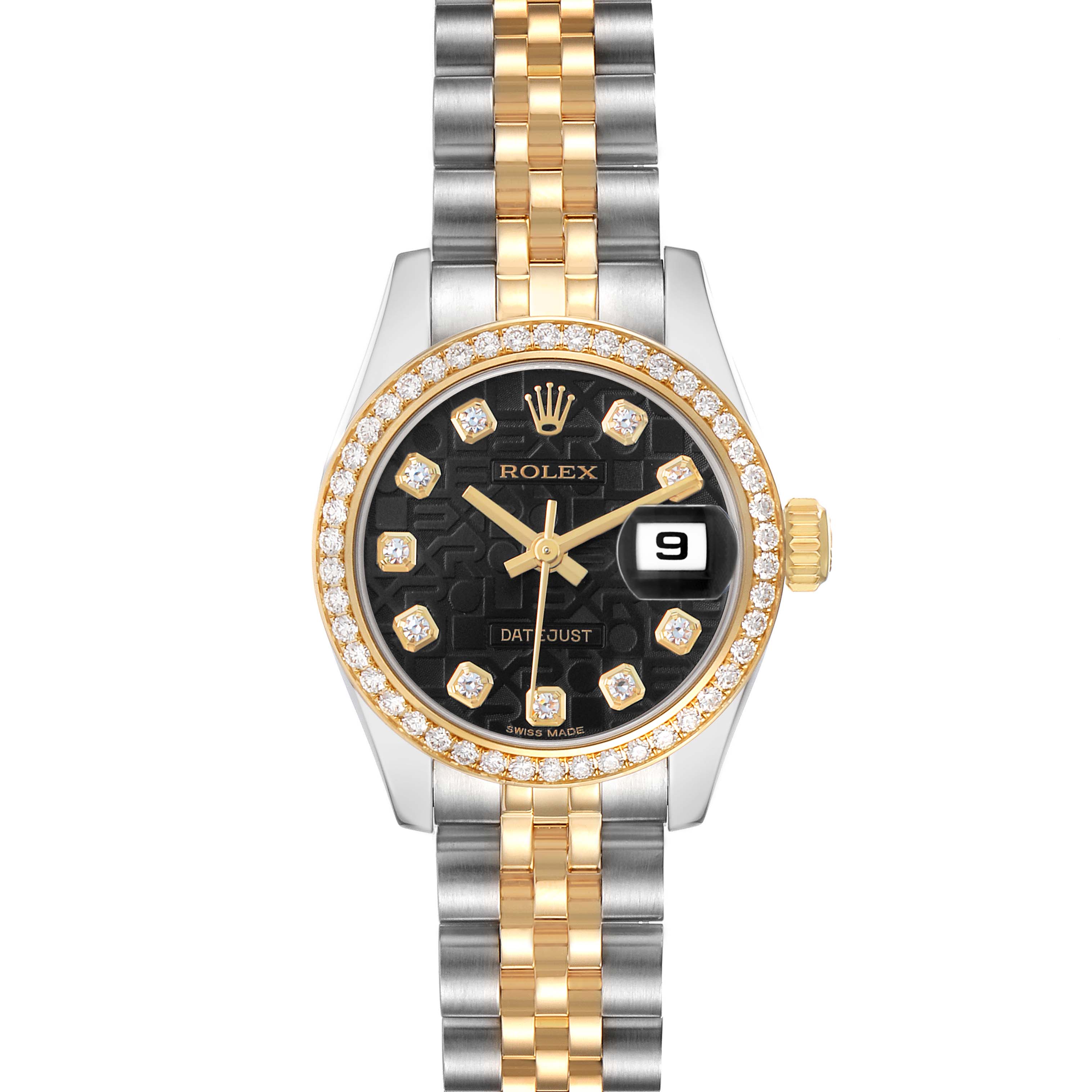 The Rolex Datejust 179383 Women's Steel and Gold (two tone) Black Dial is shown from a front angle, displaying the bezel, dial, bracelet, and crown.