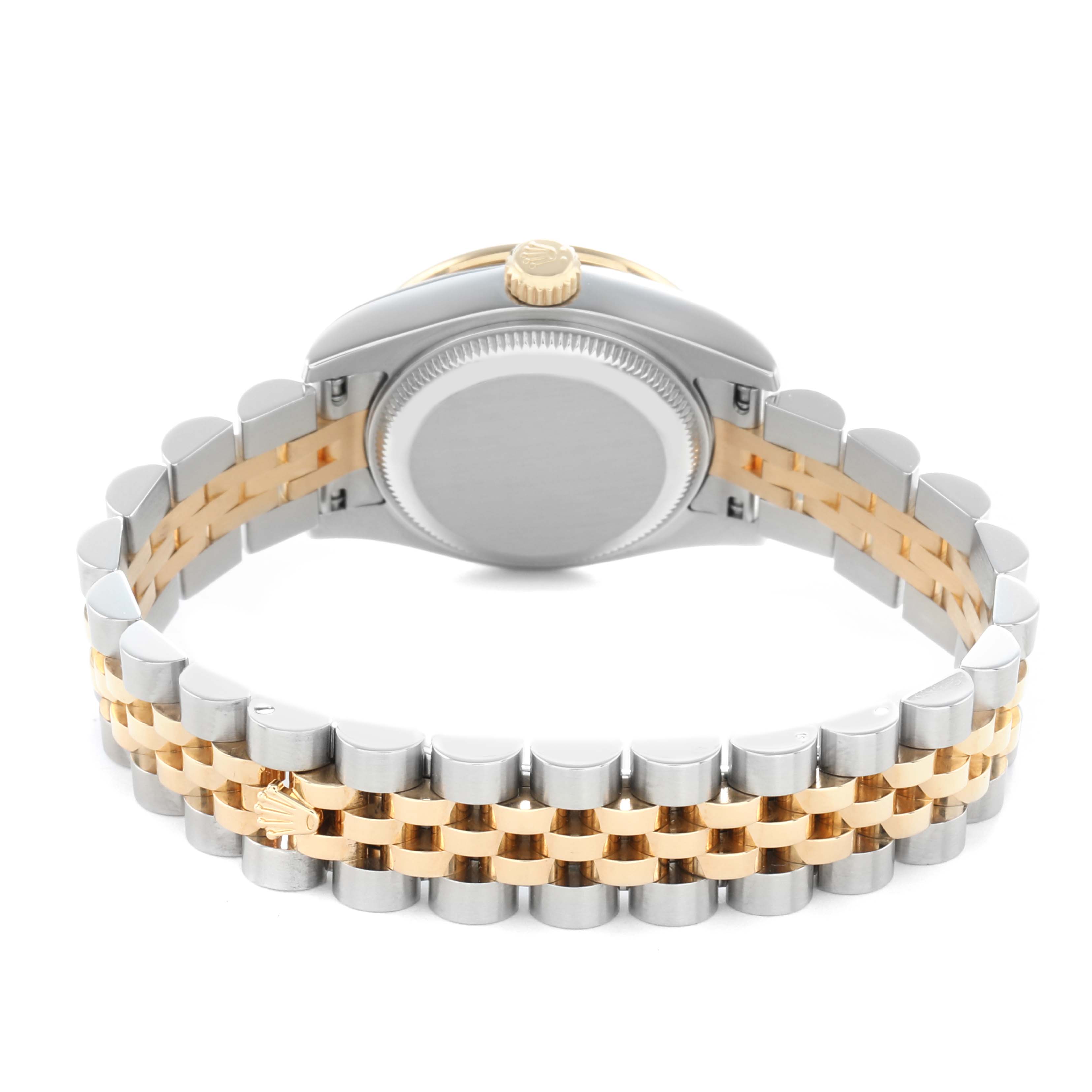 The image shows the back view of a Rolex Datejust 179383 Women's Steel and Gold (two tone) Black Dial with a two-tone bracelet and closed case back.