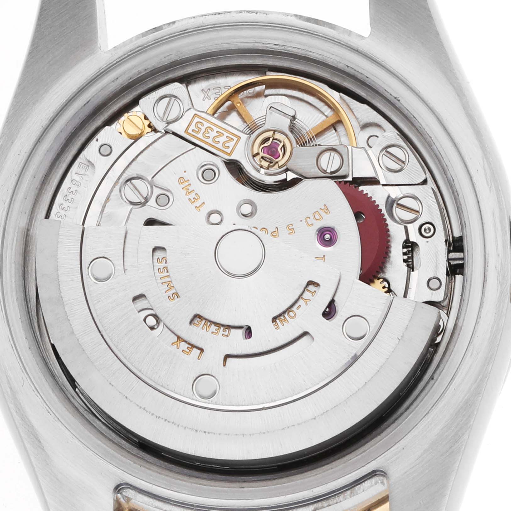 The image shows the movement of a Rolex Datejust 179383 Women's Steel and Gold (two tone) Black Dial watch from a top view, displaying gears and the oscillating weight.