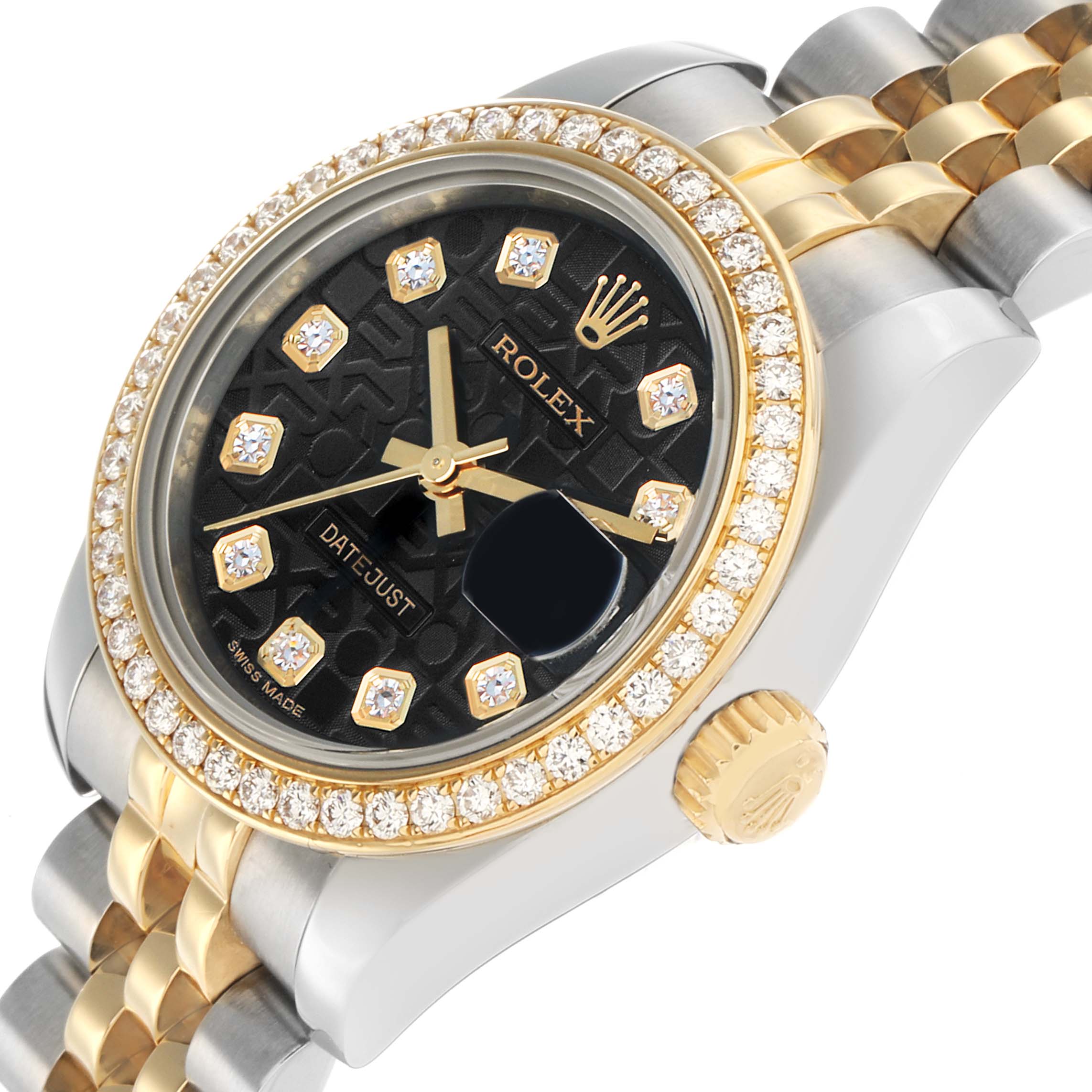 The Rolex Datejust 179383 Women's Steel and Gold (two tone) Black Dial watch is shown from an angled view highlighting the dial, bezel, and partially visible bracelet.
