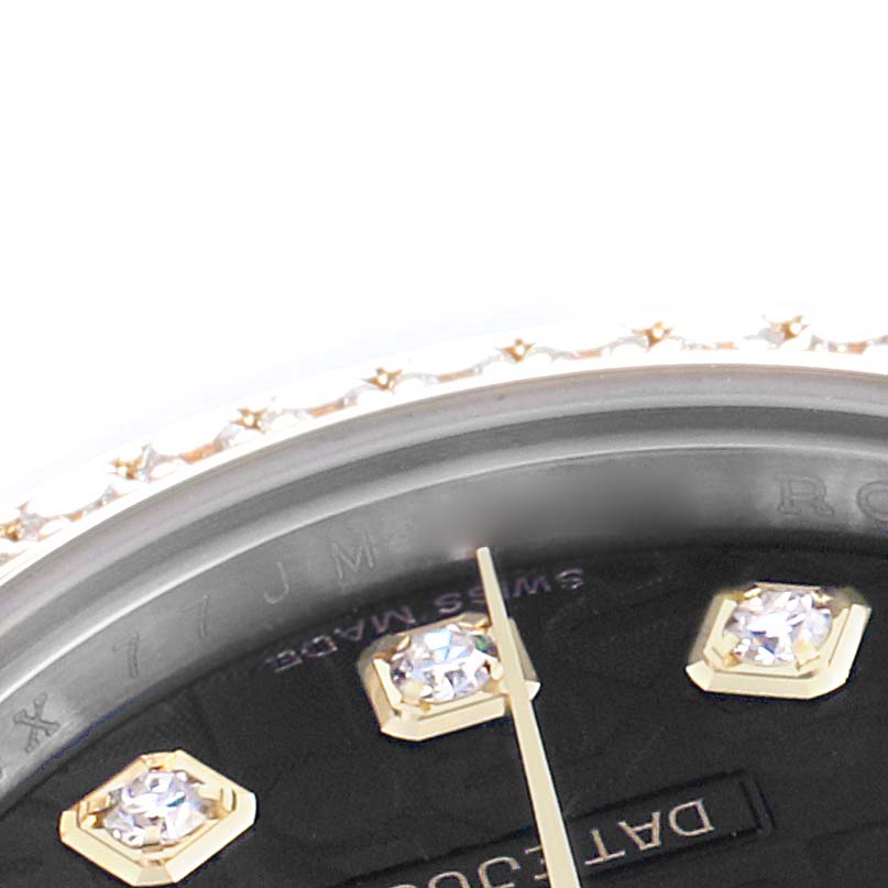 The image shows a close-up of the Rolex Datejust 179383 Women's Steel and Gold (two tone) Black Dial watch dial, highlighting the diamond hour markers and part of the bezel.
