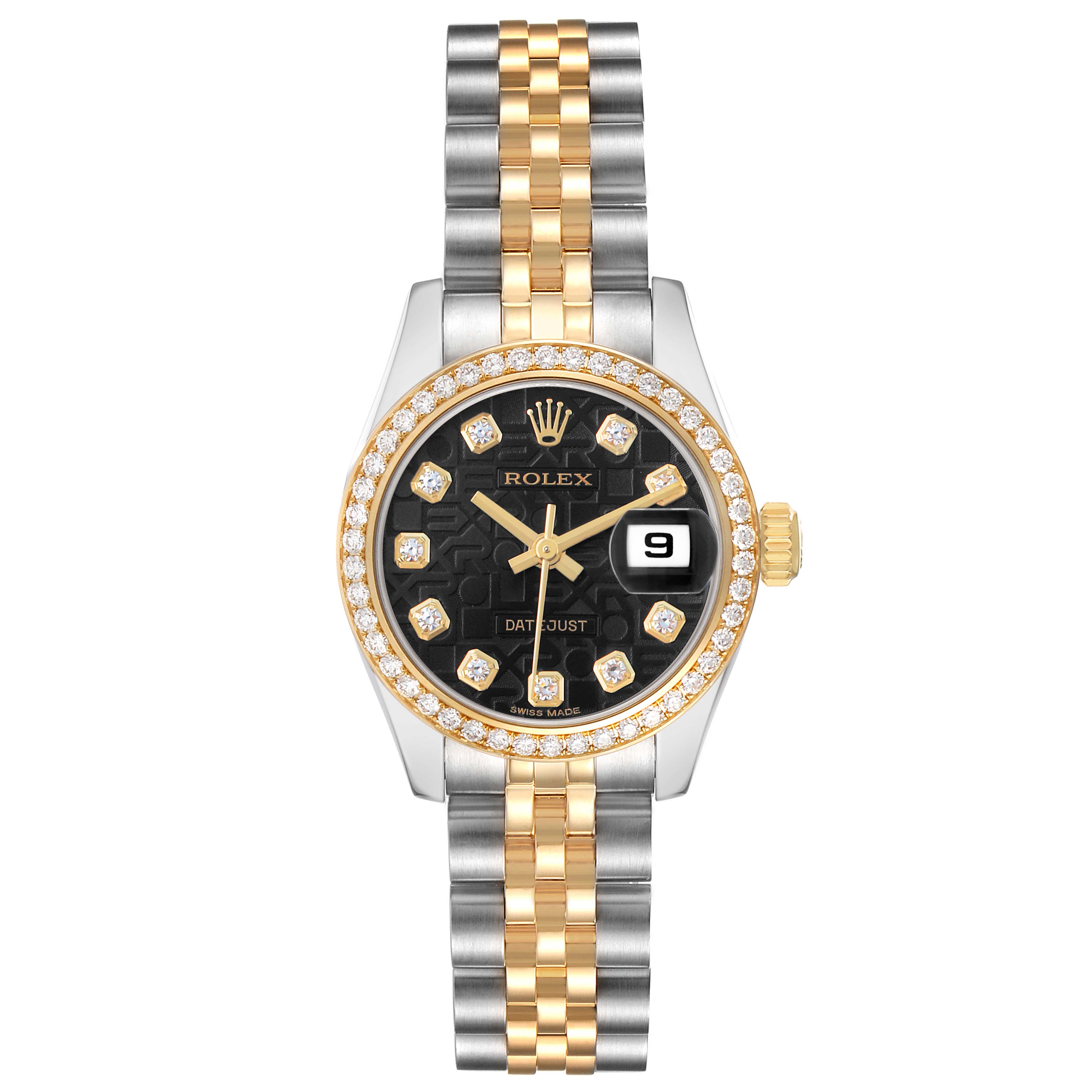 The Rolex Datejust 179383 Women's Steel and Gold (two tone) Black Dial watch is shown from a top-down angle, highlighting its bracelet, bezel, and black dial with diamond markers.