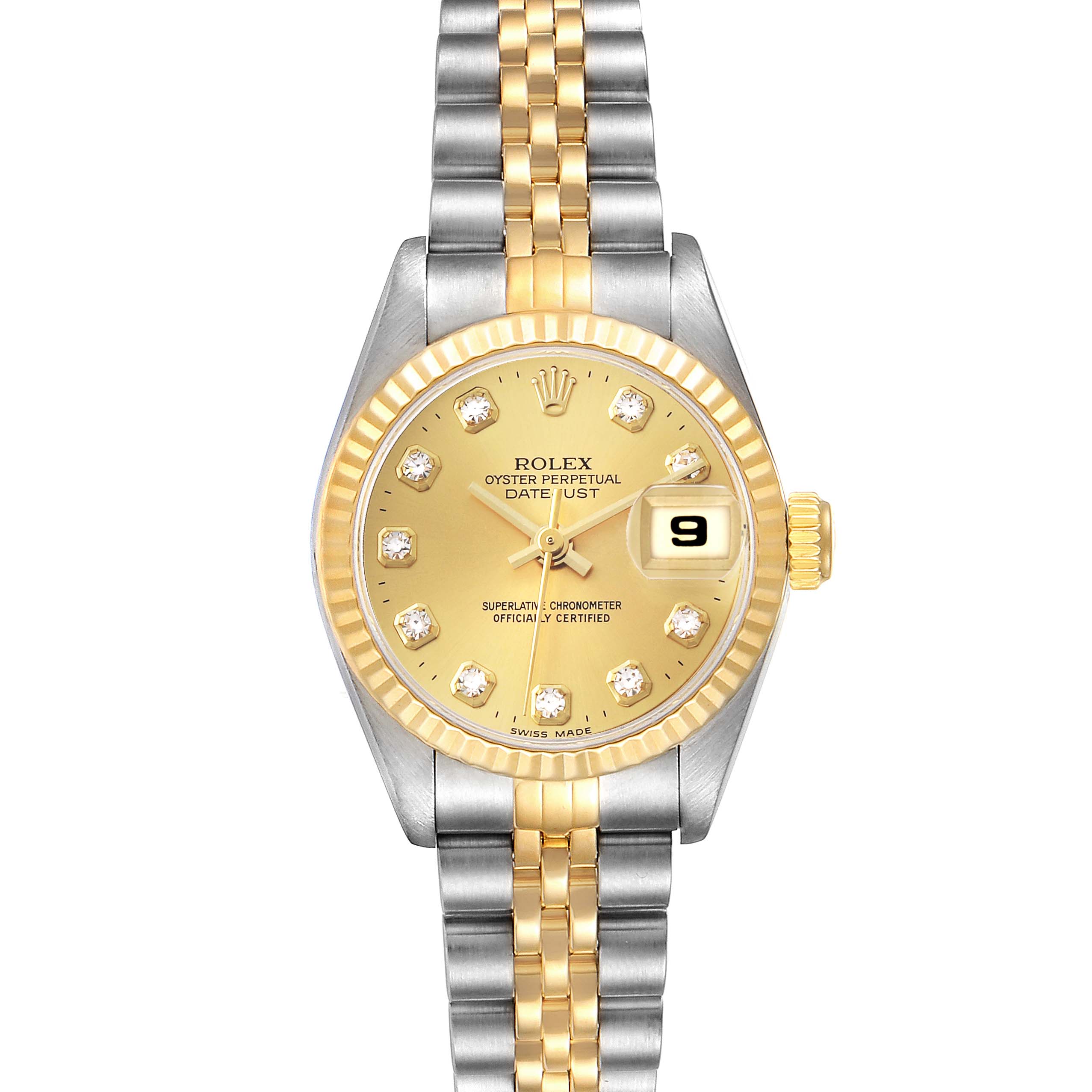 The Rolex Datejust 69173 Women's Steel and Gold (two tone) Champagne Dial watch is shown from a top-down angle, displaying the face, fluted bezel, and two-tone bracelet.