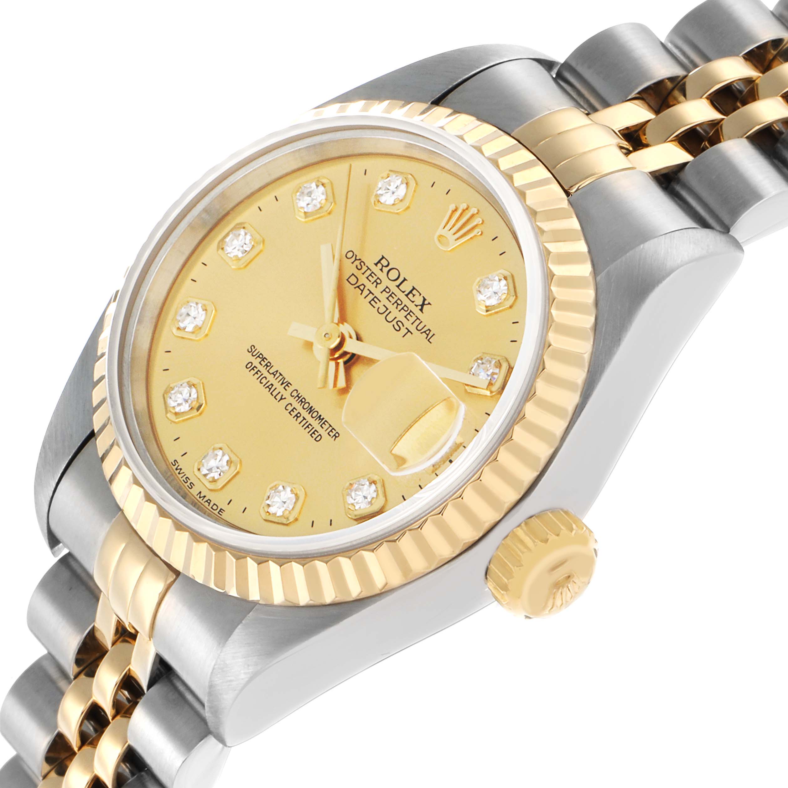 The Rolex Datejust 69173 Women's Steel and Gold (two tone) Champagne Dial watch is shown at a slight angle, highlighting the gold bezel, crown, and bracelet links.