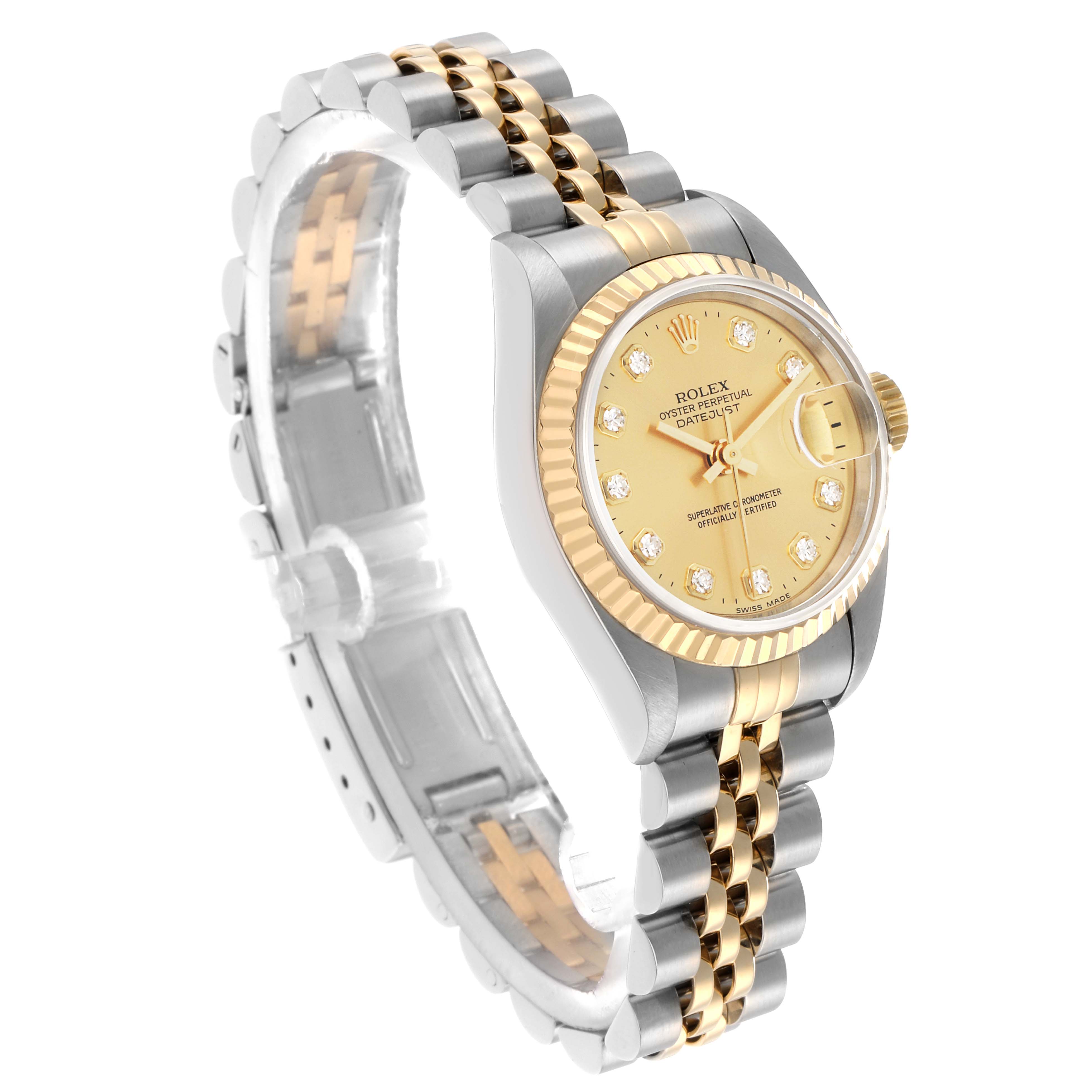 The Rolex Datejust 69173 Women's Steel and Gold (two tone) Champagne Dial watch is shown from a three-quarter angle, highlighting the face, bezel, and Jubilee bracelet.