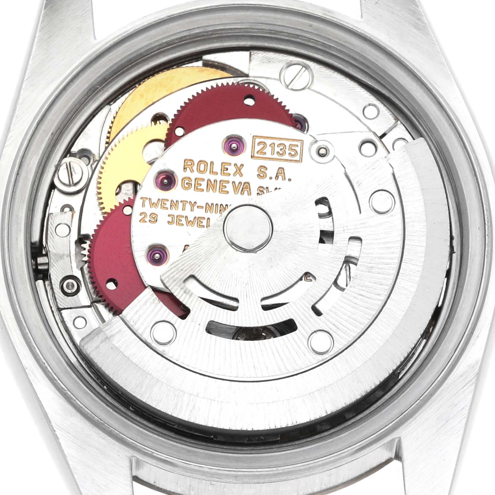 The image shows a top-down view of the Rolex Datejust 69173 Women's Steel and Gold (two tone) Champagne Dial's movement, displaying gears, jewels, and the rotor.