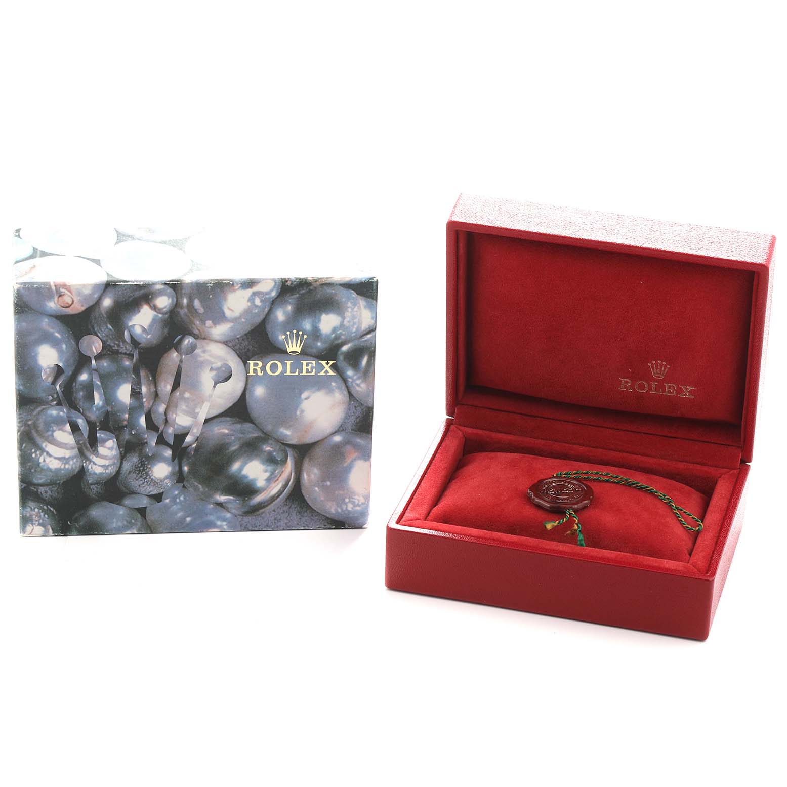 The image shows a Rolex Datejust 69173 Women's Steel and Gold (two tone) Champagne Dial box with a hang tag, viewed from above, alongside a decorated booklet.