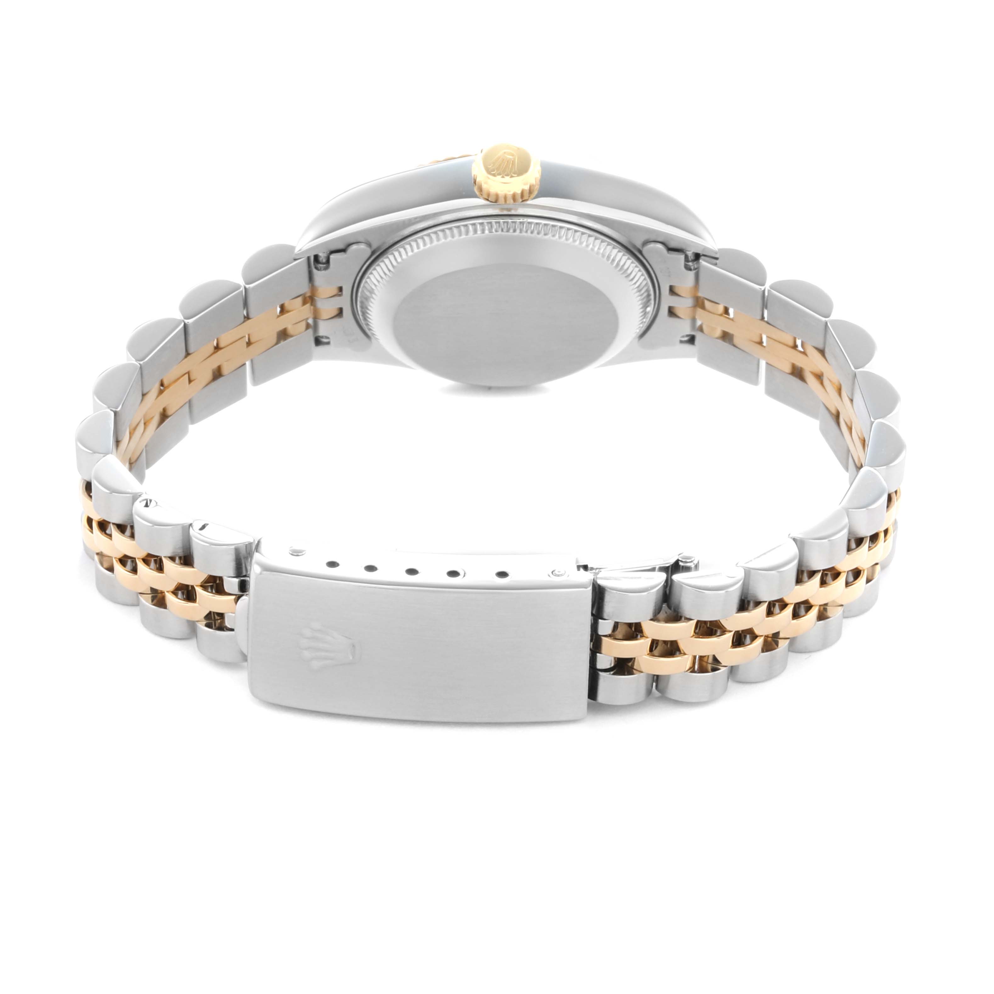 The image shows the back view of a Rolex Datejust 69173 Women's Steel and Gold (two tone) Champagne Dial watch, highlighting its clasp, jubilee bracelet, and case back.