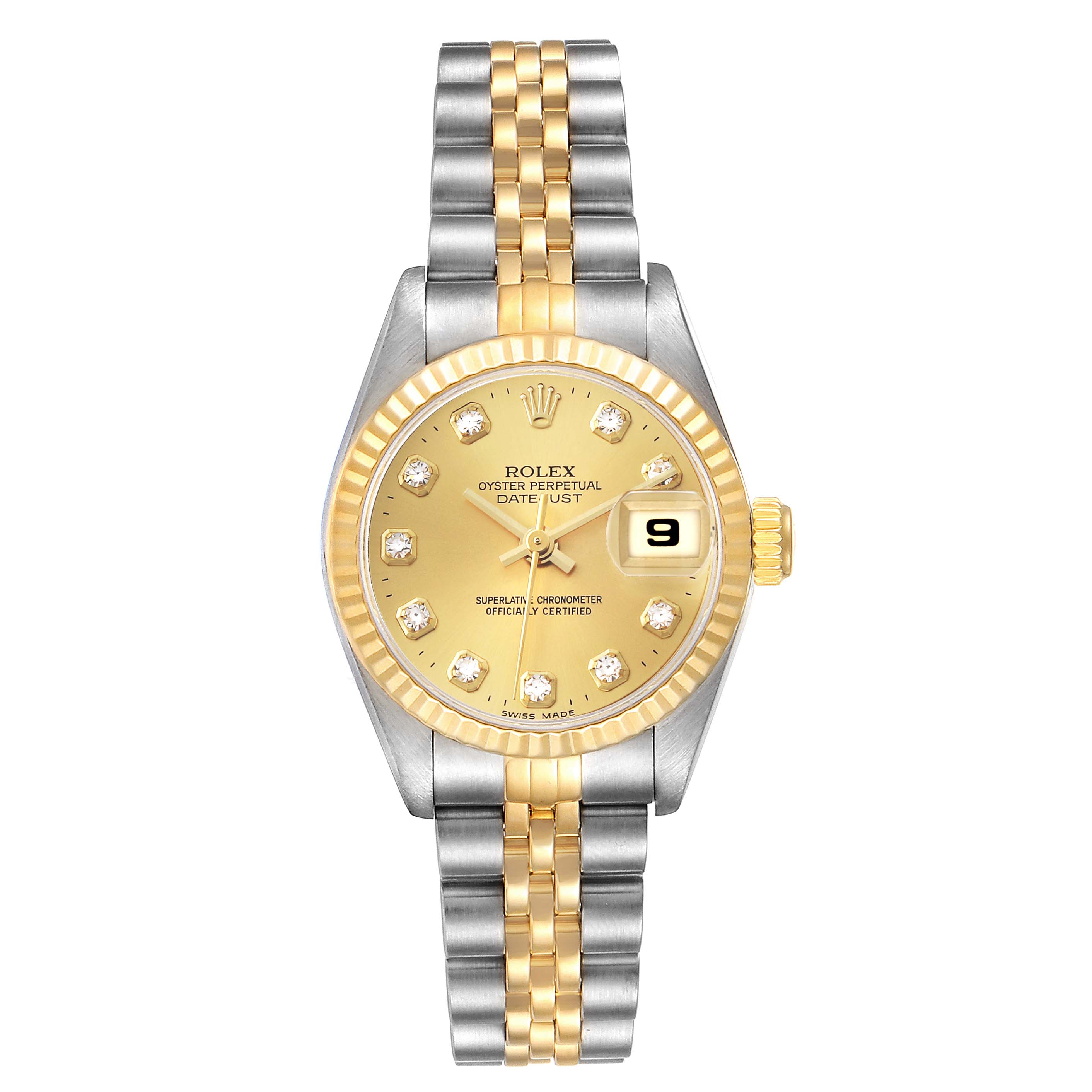 The Rolex Datejust 69173 Women's Steel and Gold (two tone) Champagne Dial watch is shown from a front angle, displaying its two-tone bracelet, fluted bezel, and diamond hour markers.