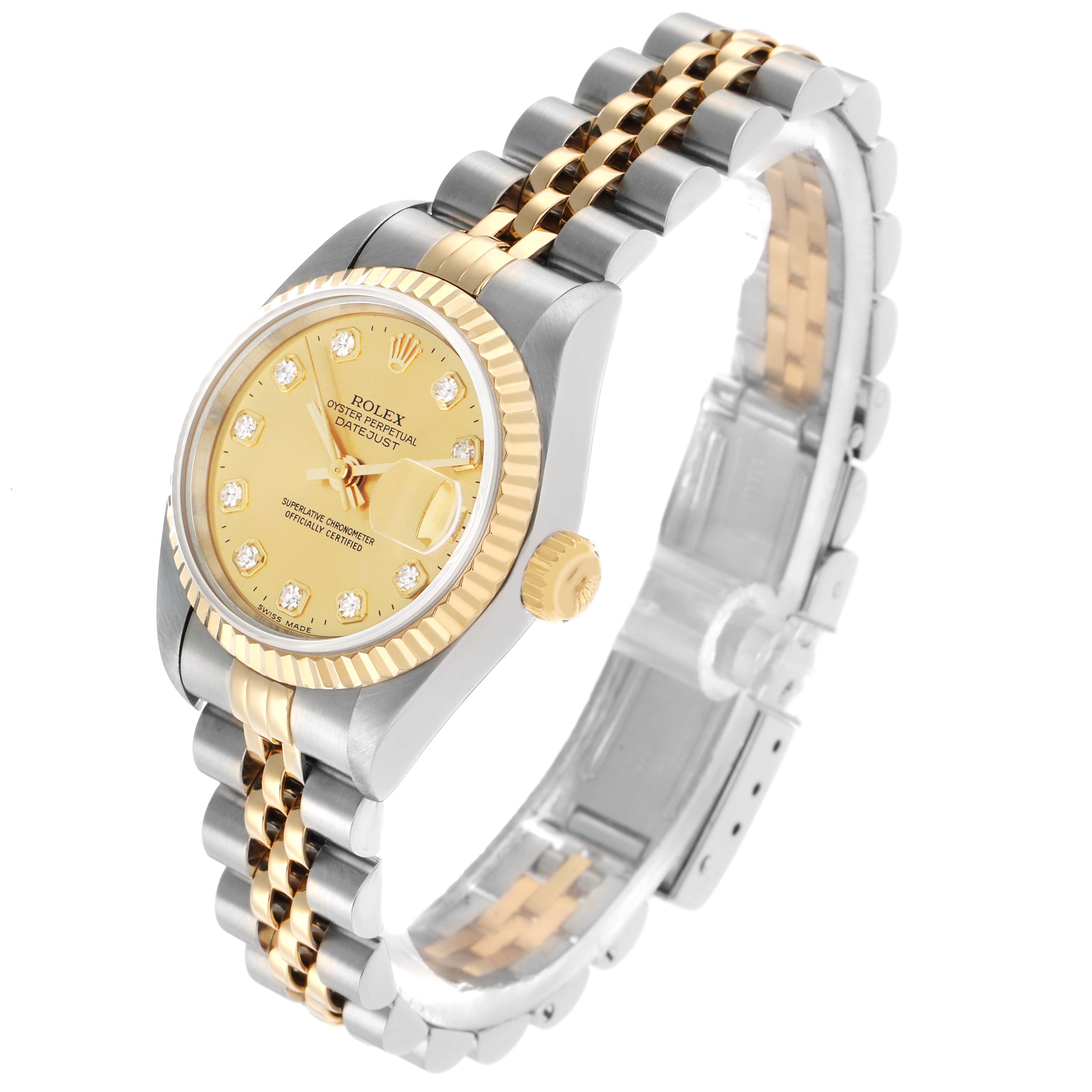 The Rolex Datejust 69173 Women's Steel and Gold (two tone) Champagne Dial watch is shown at a three-quarter angle, displaying the dial, bezel, and bracelet.