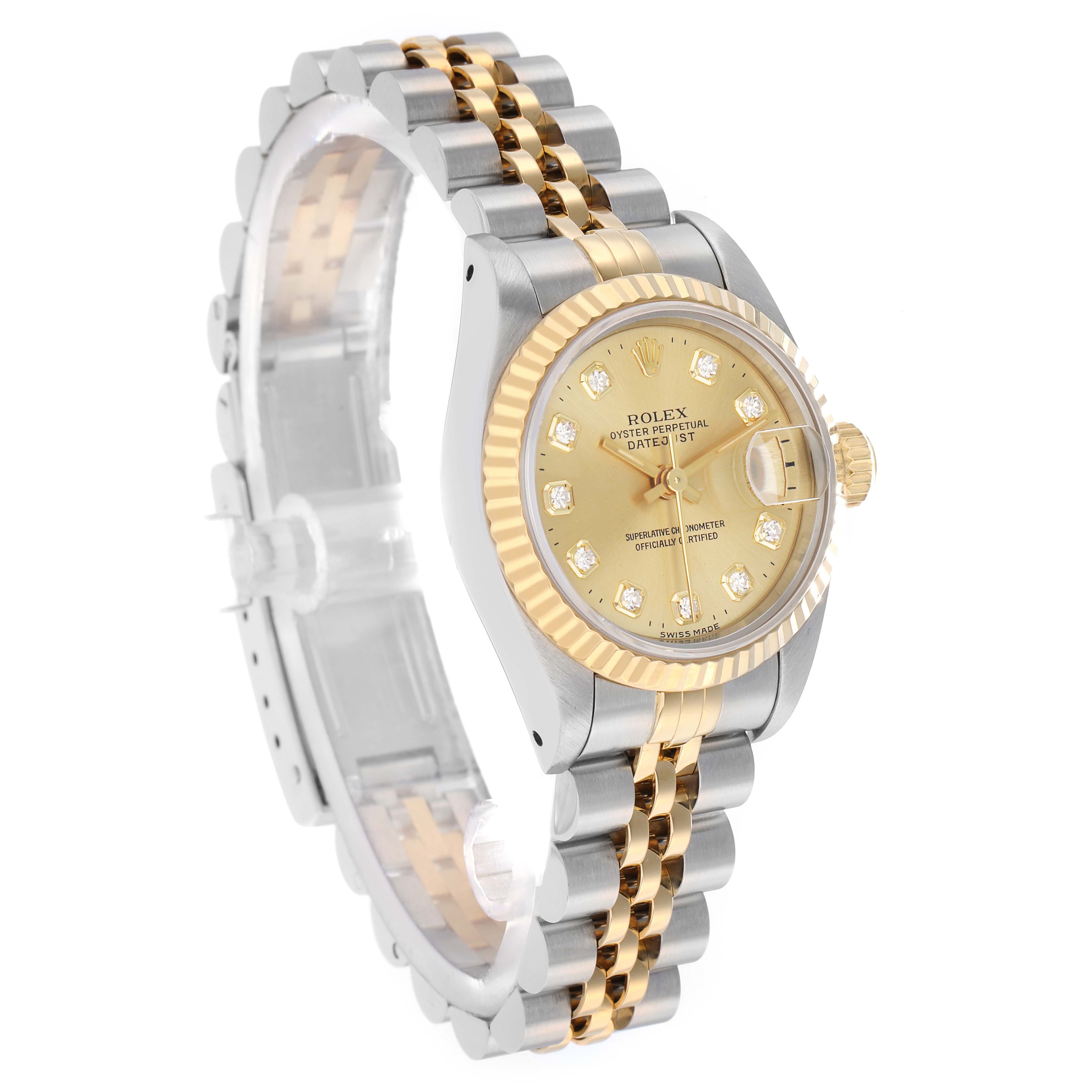 The Rolex Datejust 69173 Women's Steel and Gold (two tone) Champagne Dial watch is shown at a three-quarter angle, displaying the face, bezel, bracelet, and crown.