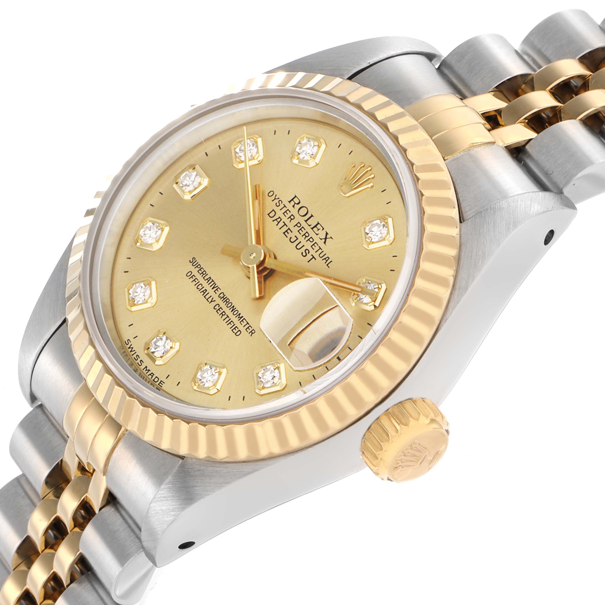 The Rolex Datejust 69173 Women's Steel and Gold (two tone) Champagne Dial watch is shown at an angle highlighting the gold bezel, dial, crown, and part of the jubilee bracelet.