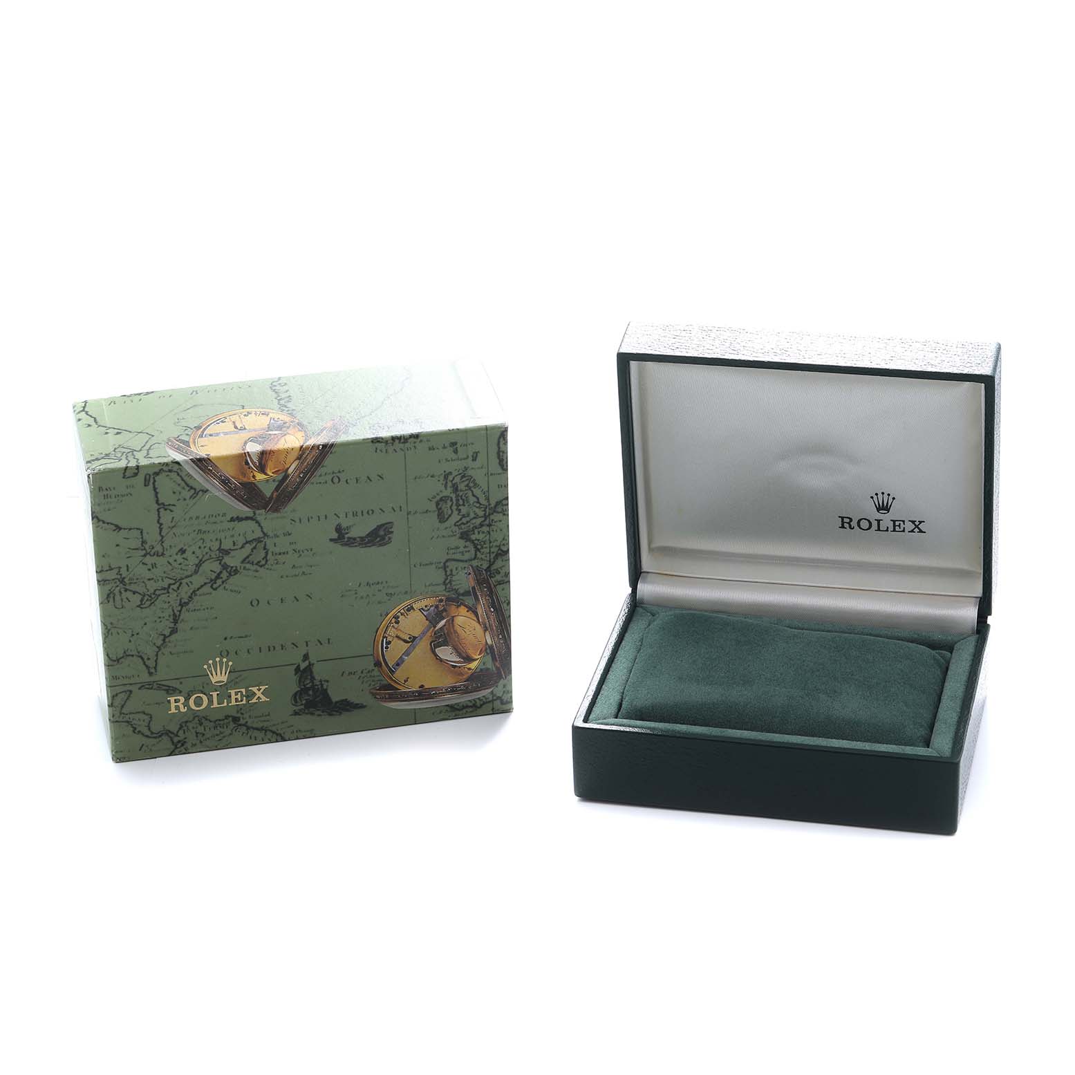 The image shows a green Rolex Datejust 69173 Women's Steel and Gold (two tone) Champagne Dial box and a separate decorative outer box with nautical designs.