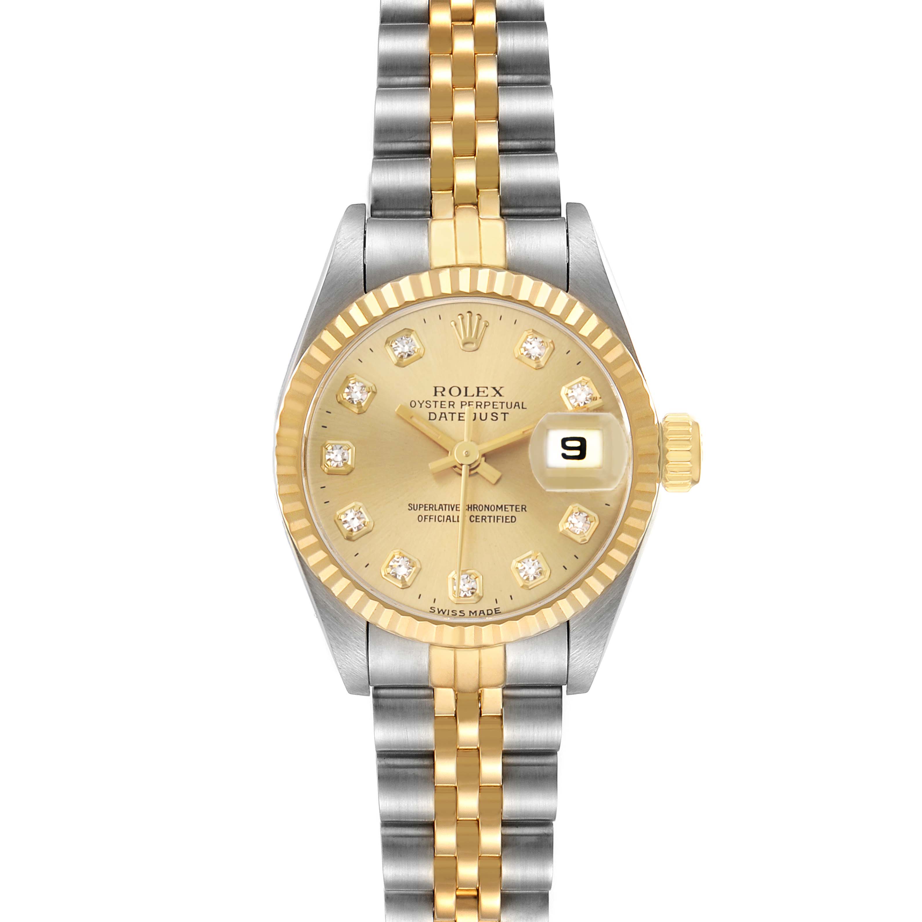 The Rolex Datejust 69173 Women's Steel and Gold (two tone) Champagne Dial watch is shown from a top view, featuring its gold and silver jubilee bracelet, fluted bezel, and champagne dial.