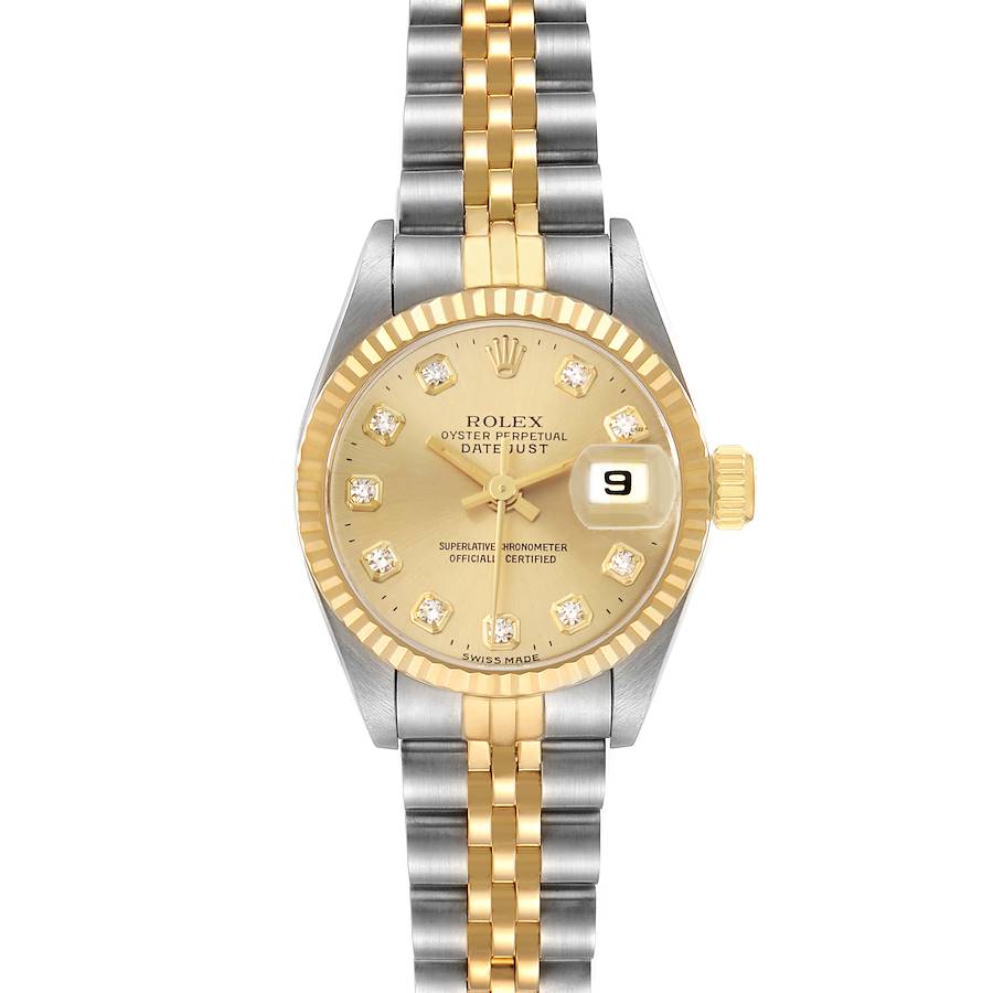 The Rolex Datejust 69173 Women's Steel and Gold (two tone) Champagne Dial watch is shown from a top view, featuring its gold and silver jubilee bracelet, fluted bezel, and champagne dial.