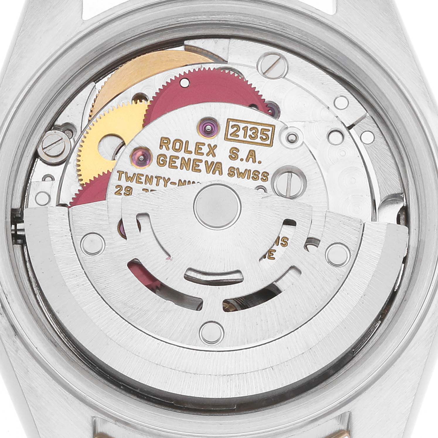 The image shows the Rolex Datejust 69173 Women's Steel and Gold (two tone) Champagne Dial's movement from the back, highlighting the rotor and gear mechanisms.