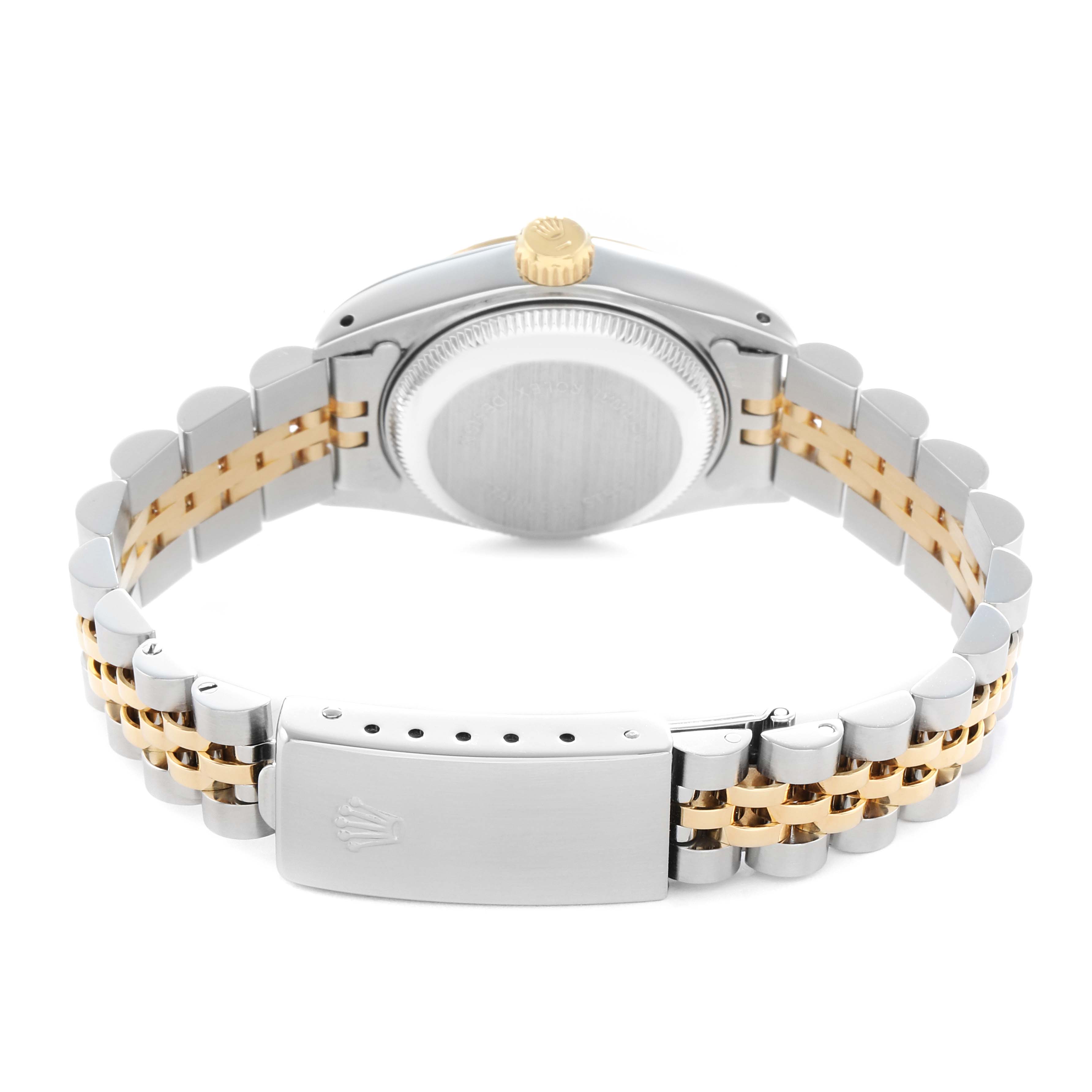 The Rolex Datejust 69173 Women's Steel and Gold (two tone) Champagne Dial is shown from the back, highlighting the case, bracelet, and clasp with a focus on the crown and two-tone Jubilee bracelet.