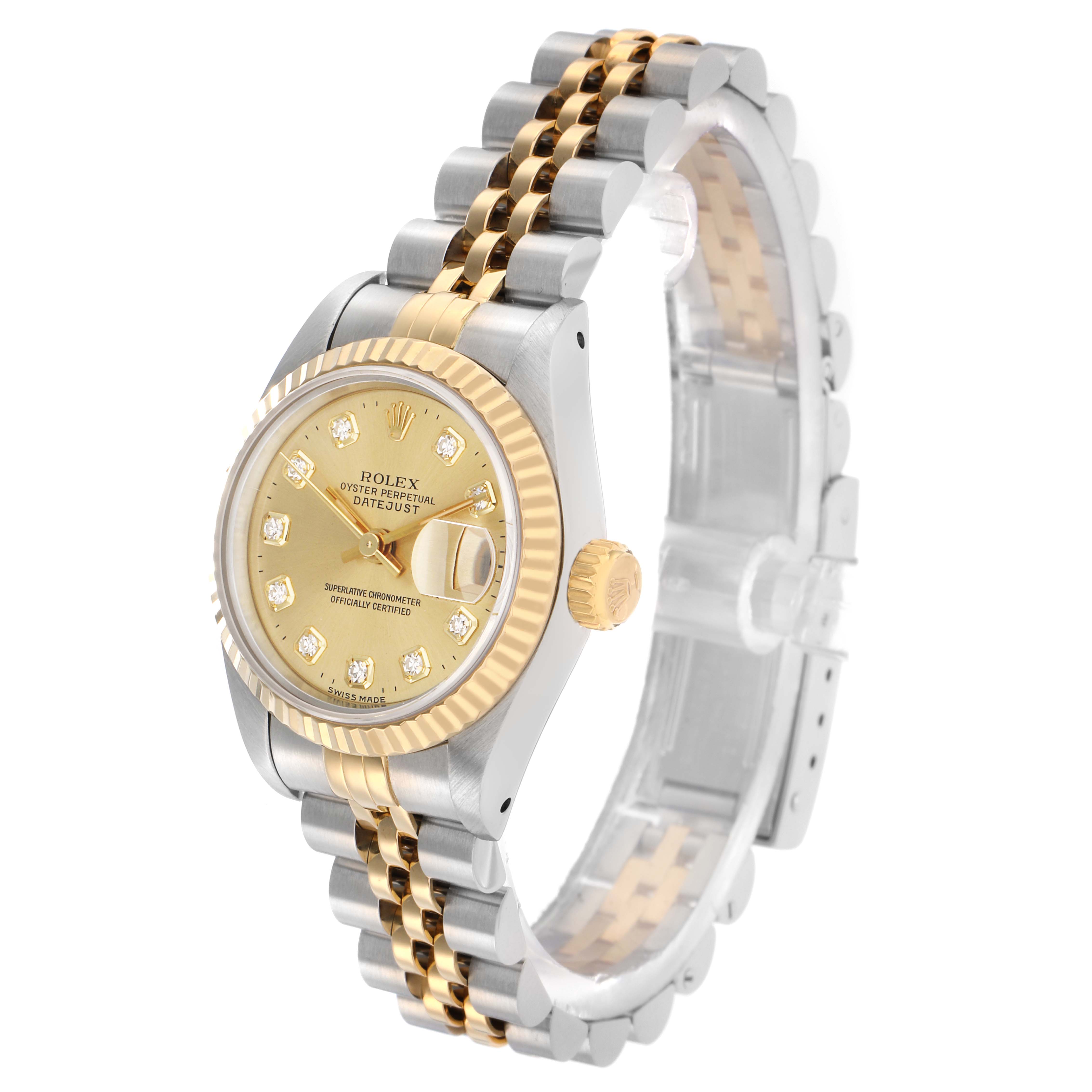 The Rolex Datejust 69173 Women's Steel and Gold (two tone) Champagne Dial watch is shown at a three-quarter angle, highlighting the dial, bezel, crown, and bracelet.