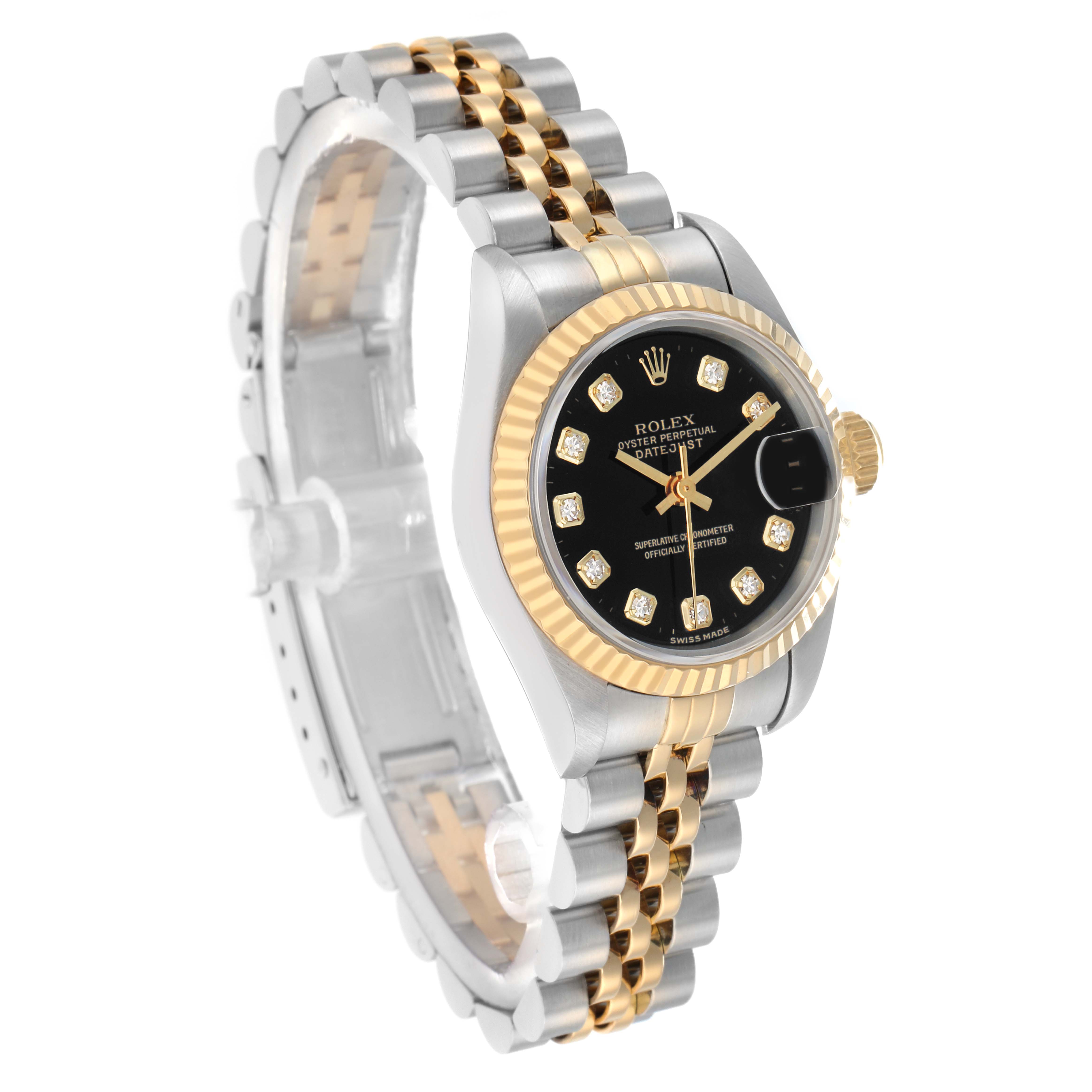 The Rolex Datejust 69173 Women
s Steel and Gold (two tone) Black Dial watch is shown at a three-quarter angle, highlighting its two-tone bracelet, black dial, and fluted bezel.