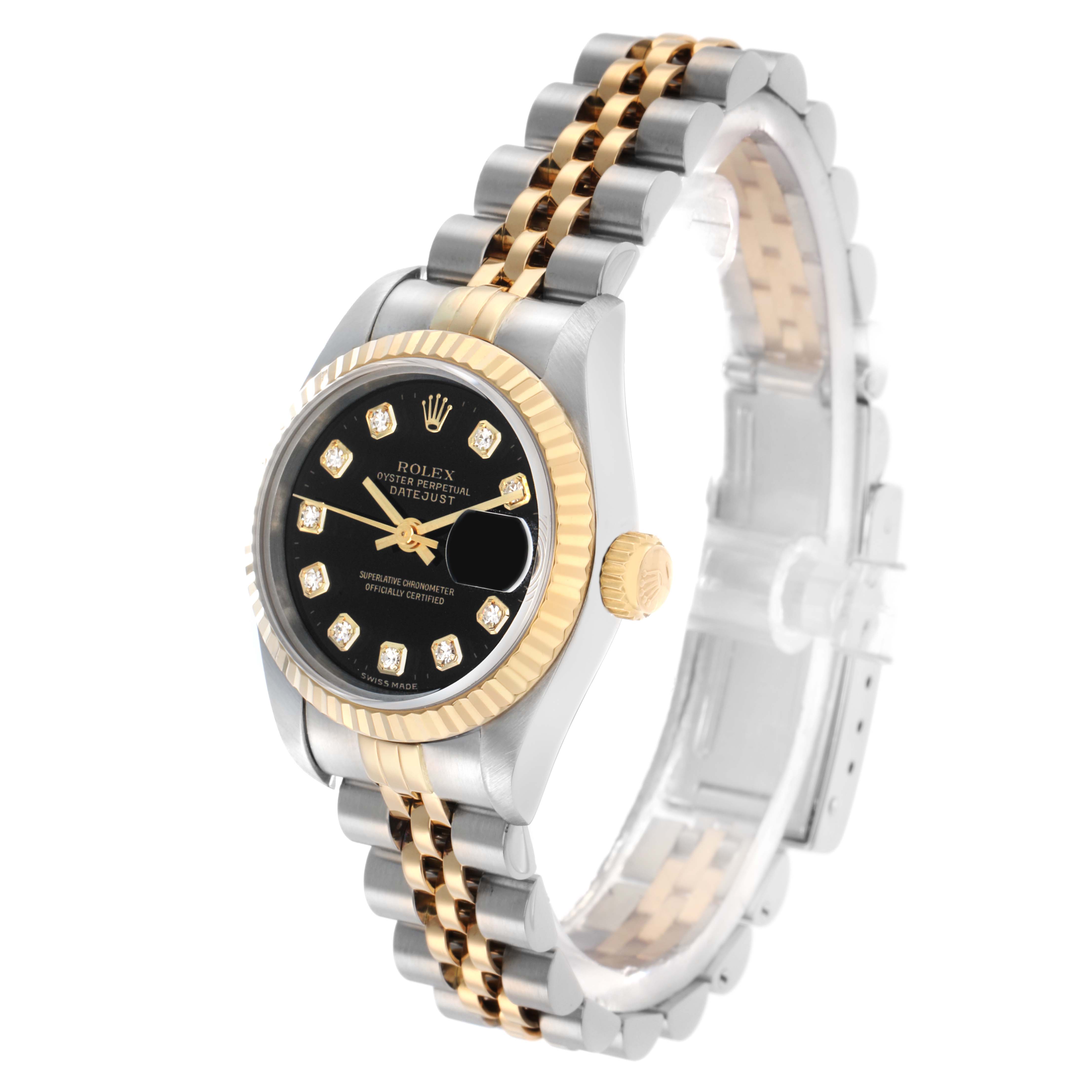 The Rolex Datejust 69173 Women
s Steel and Gold (two tone) Black Dial watch is angled to show its dial, bezel, crown, and two-tone Jubilee bracelet.