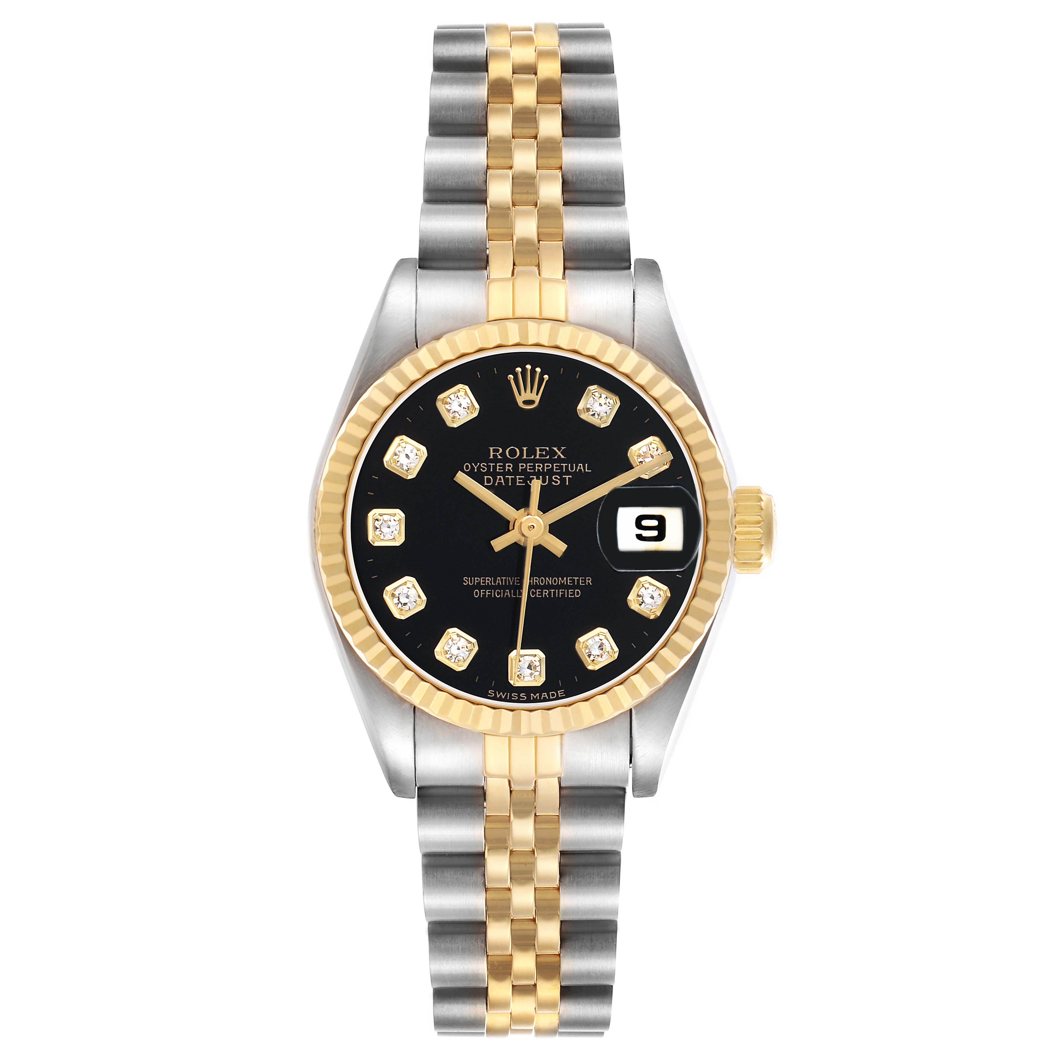 The Rolex Datejust 69173 Women
s Steel and Gold (two tone) Black Dial watch is shown from a top view, featuring a black dial, diamond hour markers, two-tone bracelet, and fluted bezel.