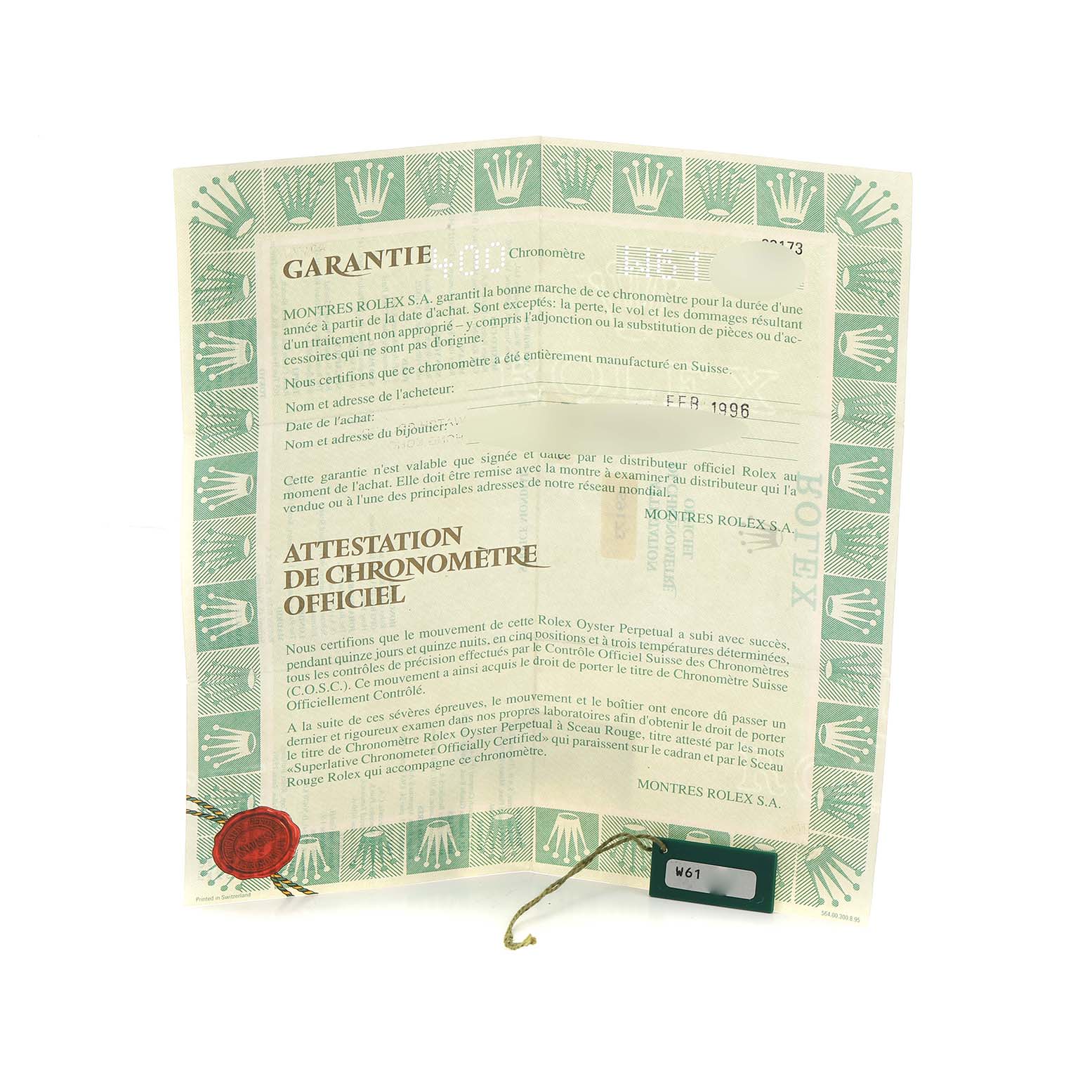 The image shows a warranty and chronometer certificate for a Rolex Datejust 69173 Women
s Steel and Gold (two tone) Black Dial, featuring text and logos.