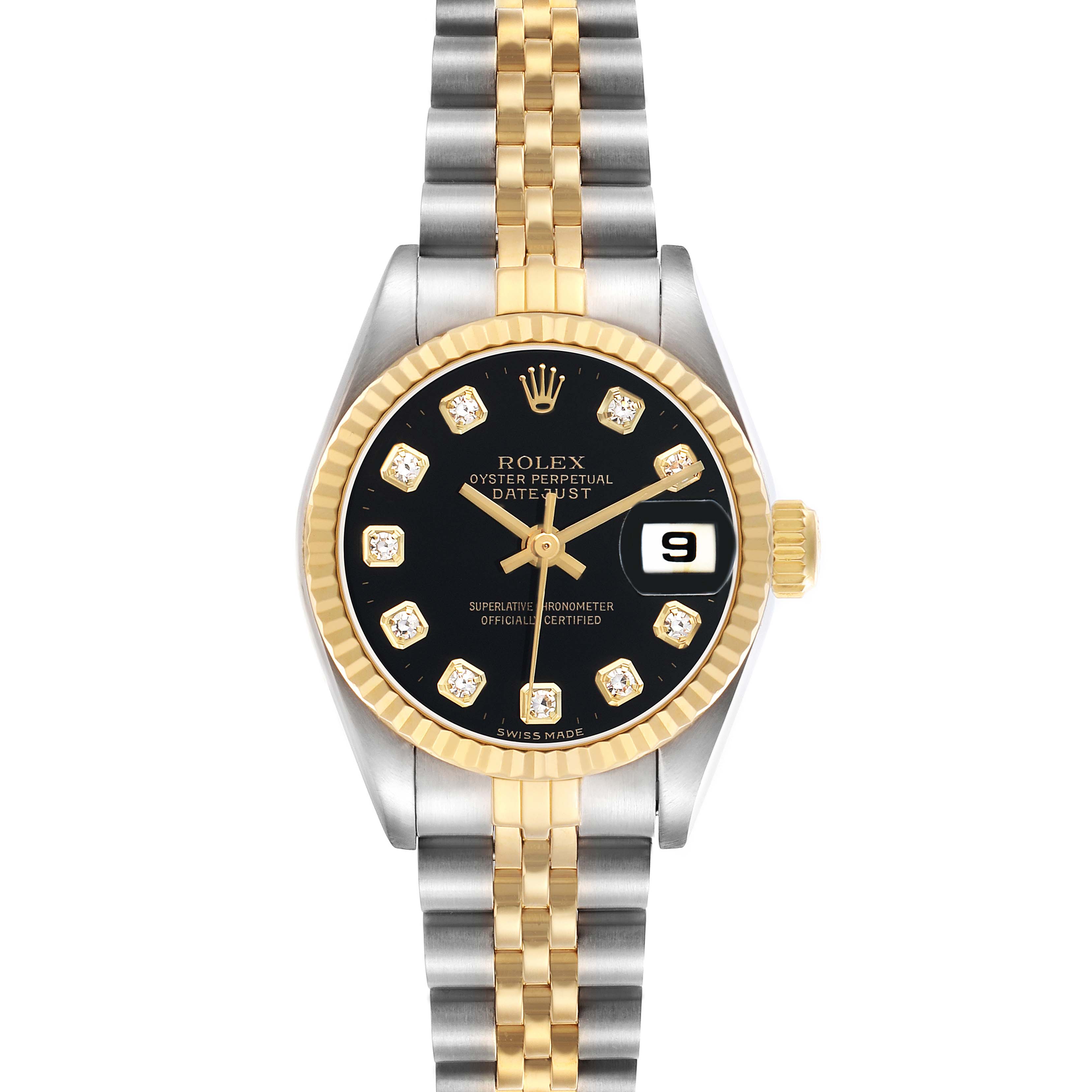 The Rolex Datejust 69173 Women
s Steel and Gold (two tone) Black Dial watch is shown from a top-down angle, displaying the face, bezel, crown, and part of the bracelet.