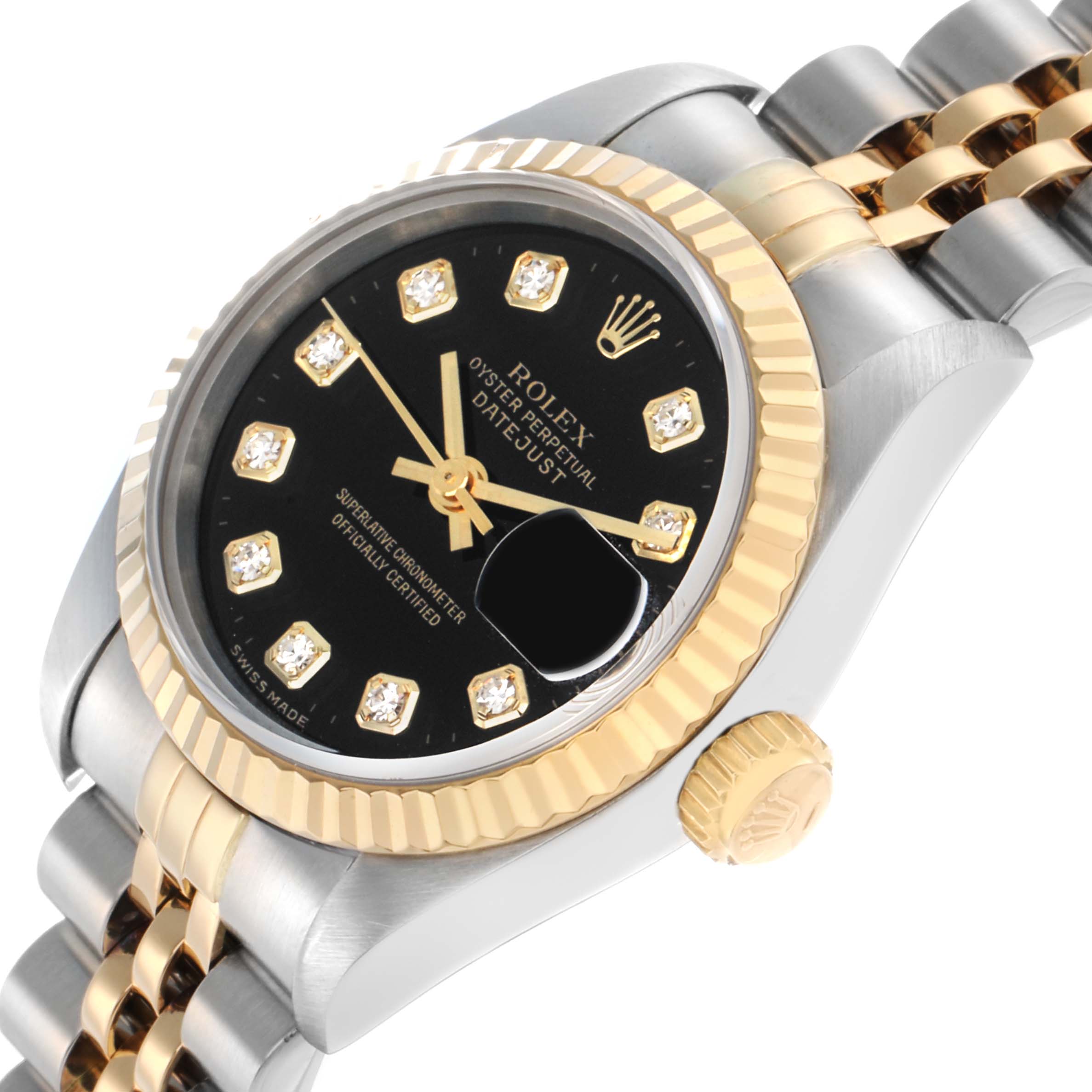 The Rolex Datejust 69173 Women
s Steel and Gold (two tone) Black Dial watch is shown from a side angle, highlighting the face, crown, bezel, and part of the bracelet.