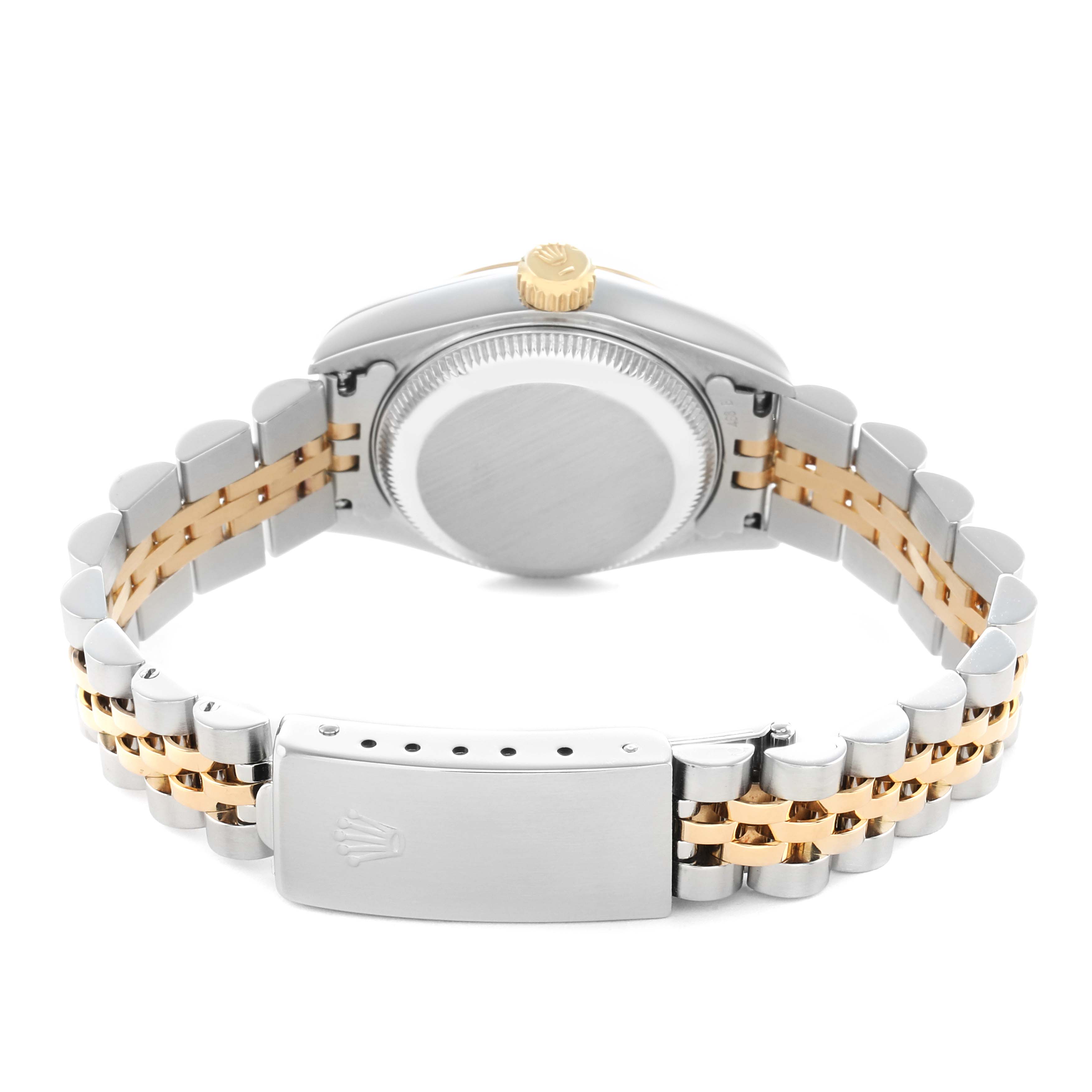 The image shows the backside of a Rolex Datejust 69173 Women
s Steel and Gold (two tone) Black Dial, highlighting the clasp, case back, bracelet, and crown from a rear angle.