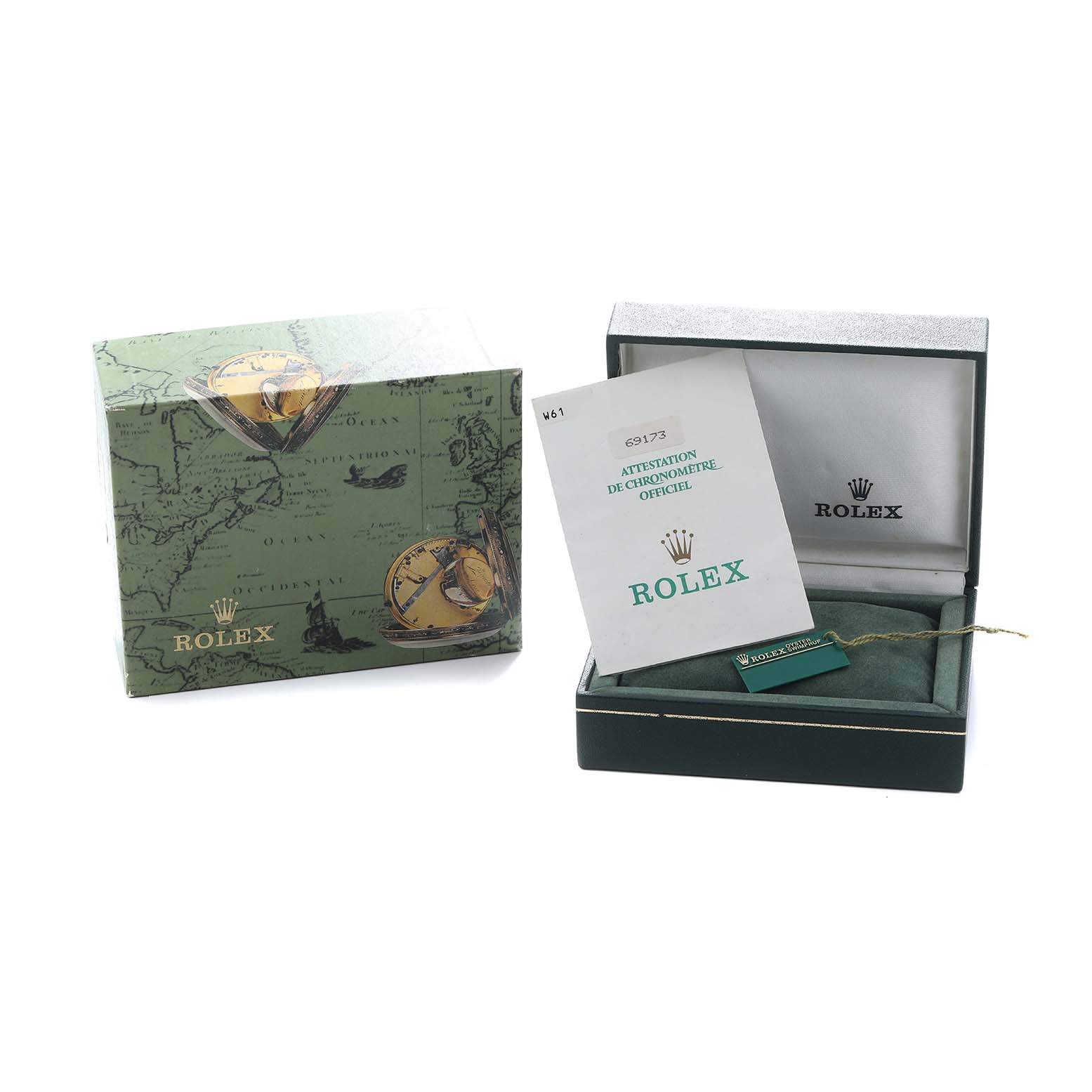 The image shows a Rolex Datejust 69173 Women
s Steel and Gold (two tone) Black Dial box set, including the outer box, an open inner box, a booklet, and a tag.